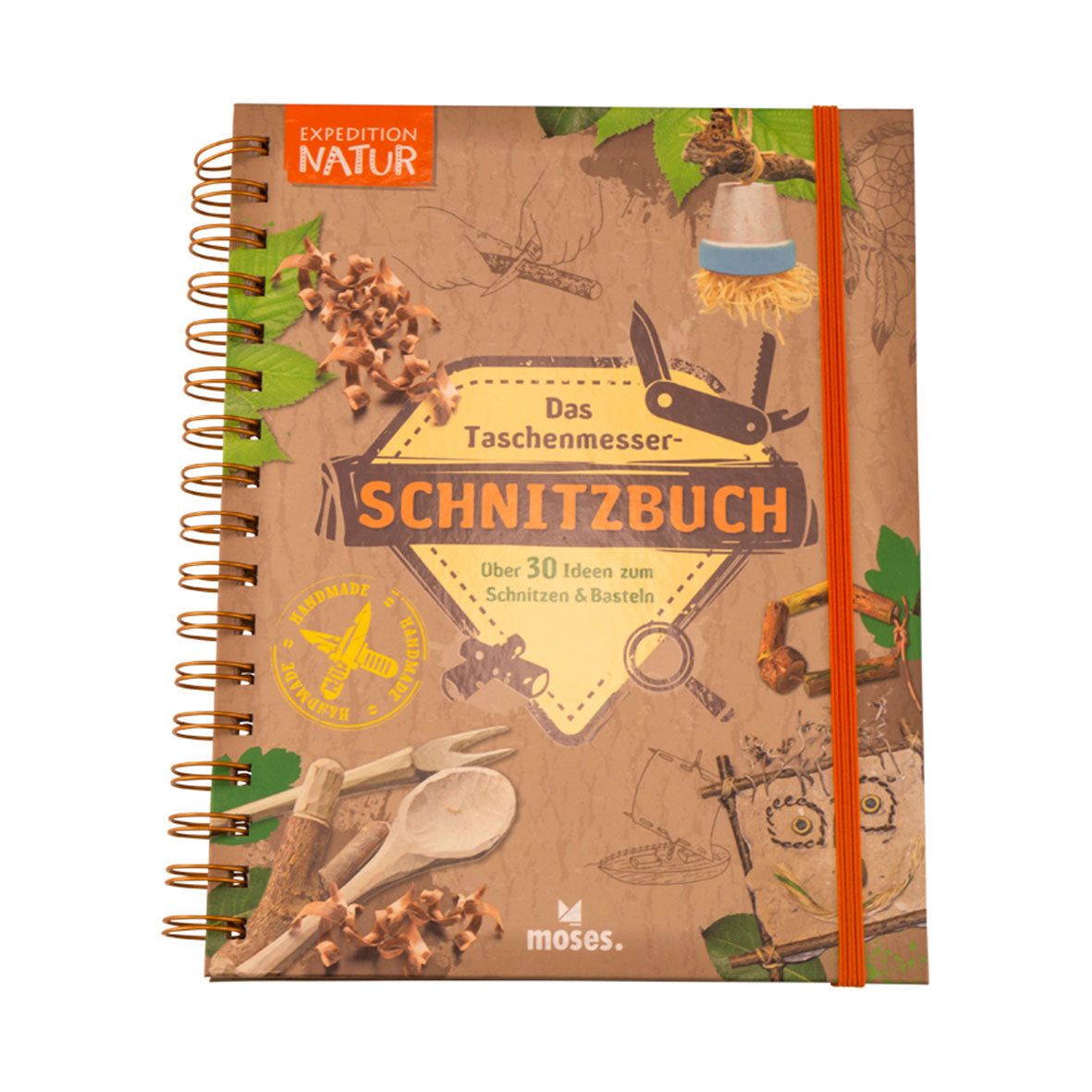 Das spiralgebundene Taschenmesser-Schnitzbuch kann mit einem Gummiband verschlossen werden.