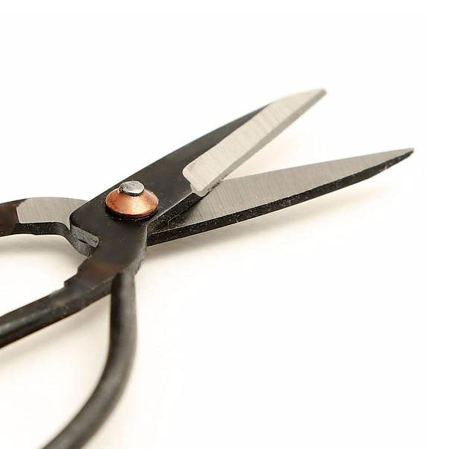 Nahaufnahme des „Geschenksets ‚Küchengarten‘“, einer schwarzen Metallschere, bekannt als „Schere“, mit leicht geöffneten Klingen auf weißem Hintergrund, einem kupfernen Drehpunkt und schimmernden, metallischen Klingen, die das Licht reflektieren.