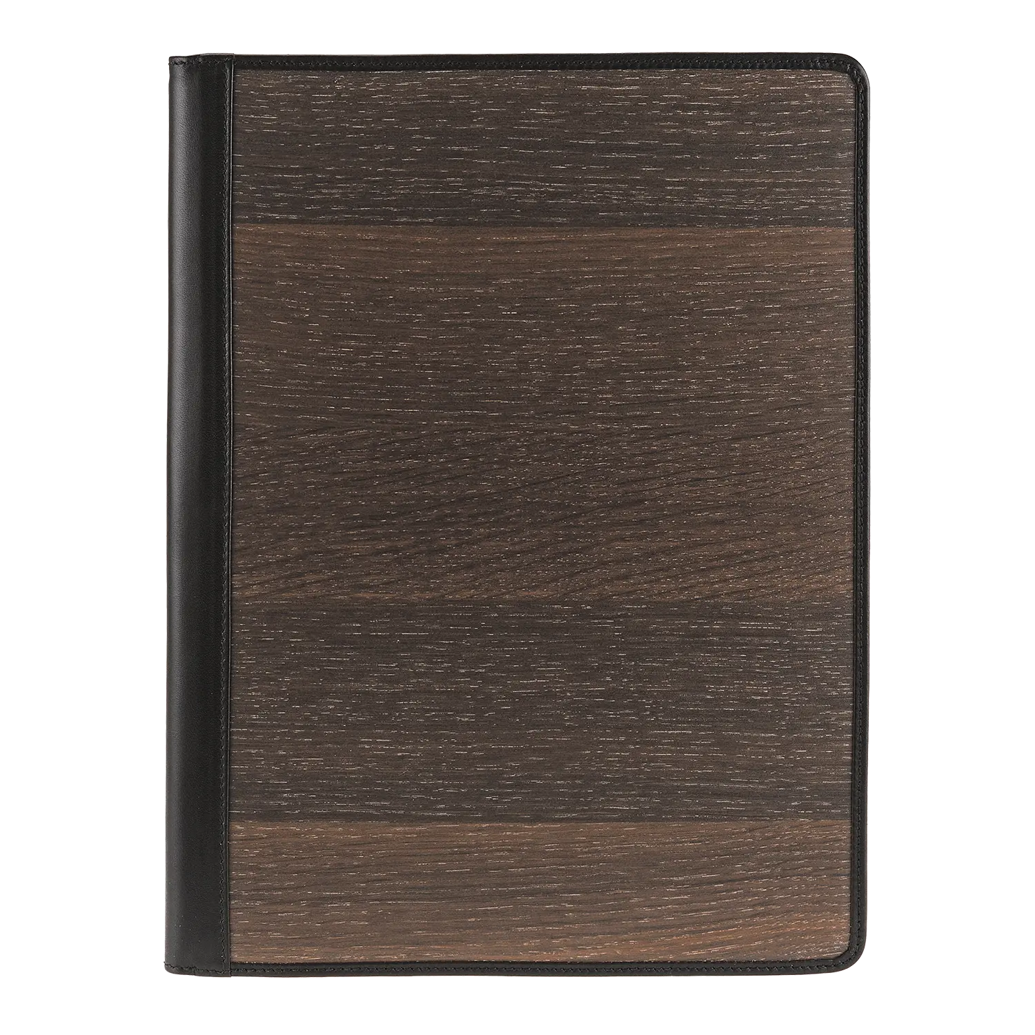 Edle A4 Schreibmappe aus Räuchereiche und Glattleder, schwarz-braun.