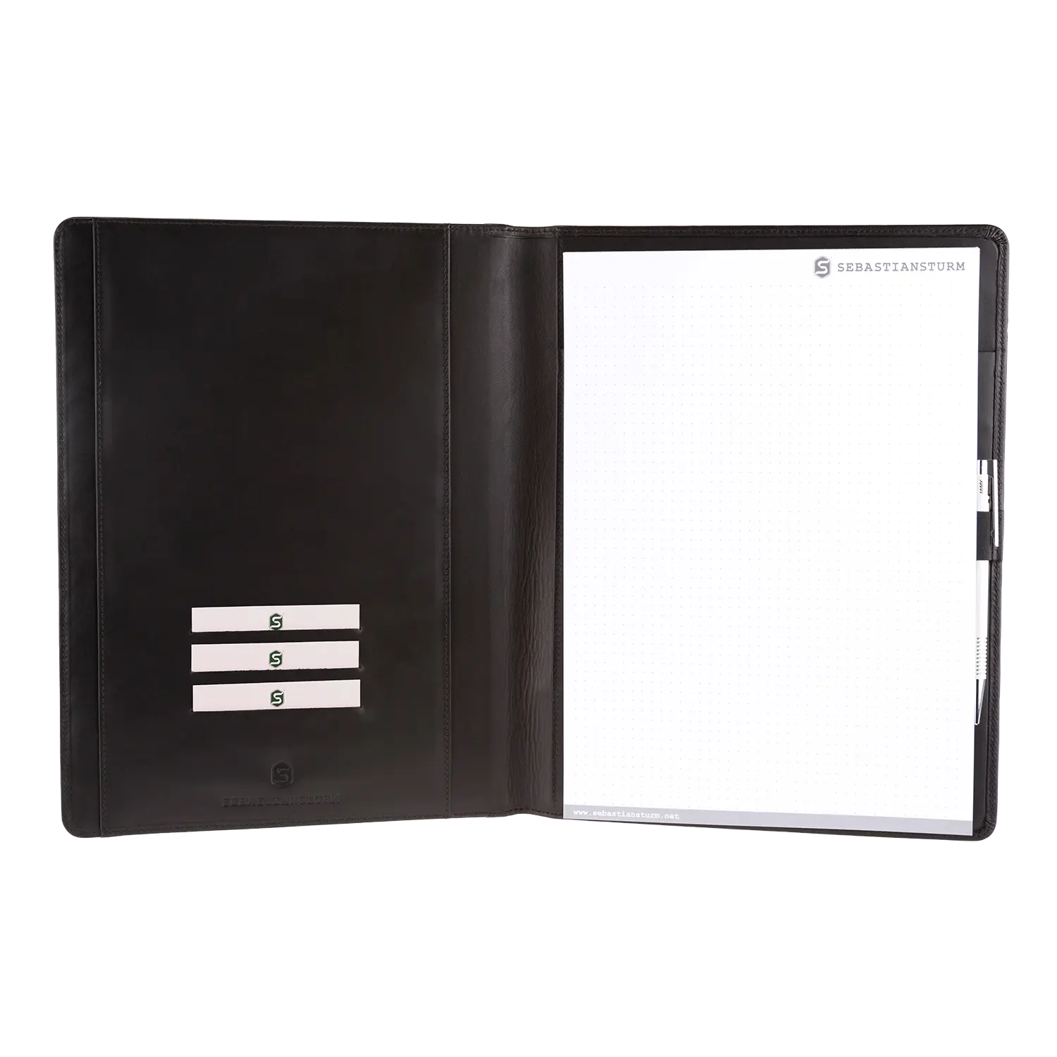 Schreibmappe A4 Räuchereiche Glattleder mit Notizblock und 3 Kartenfächern.