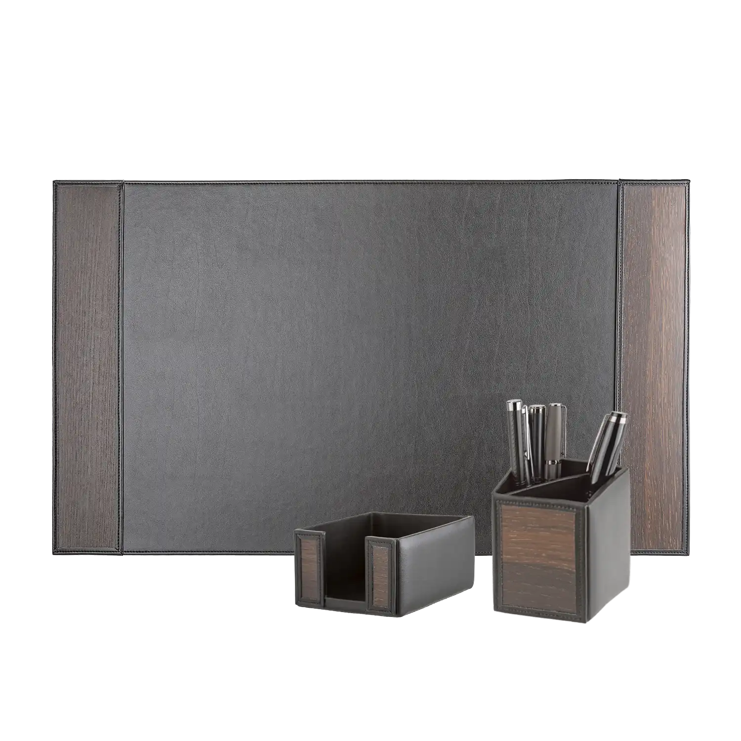 Schreibtisch-Set aus Räuchereiche und Rindleder mit Stiftehalter auf Weiß