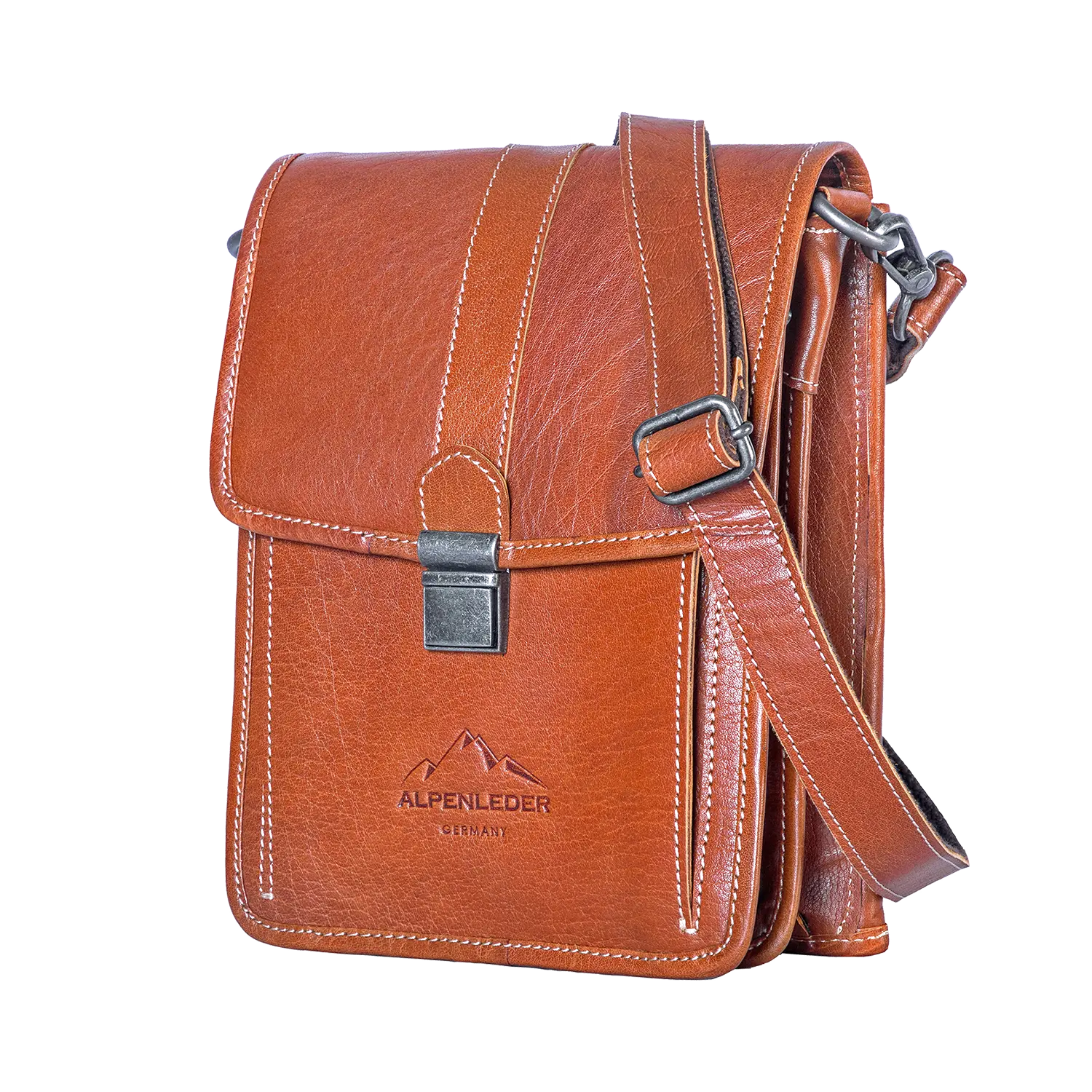 Schultertasche GALILEO mit Frontklappe, Metallschließe und sichtbarem Logo.