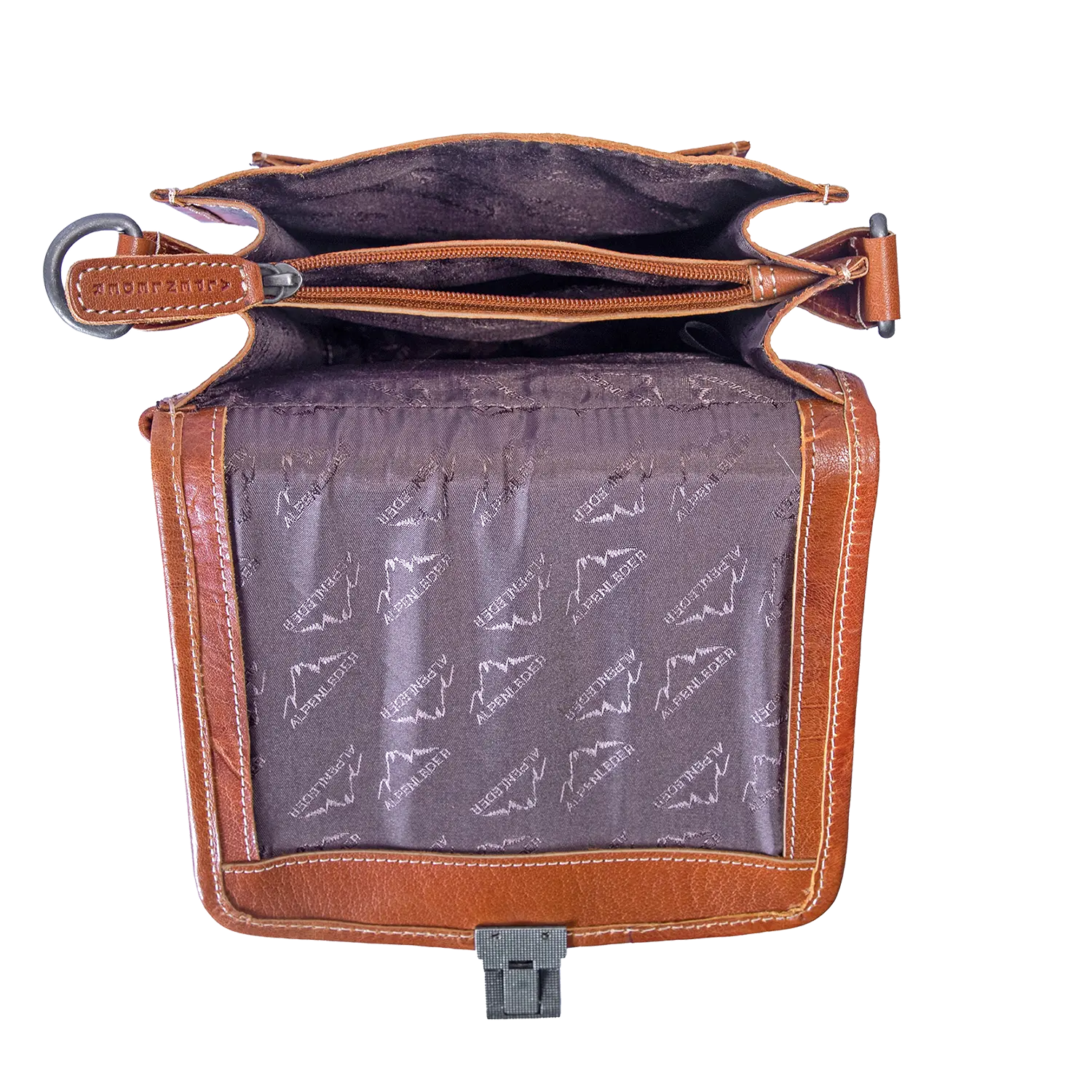 Offene braune Schultertasche GALILEO mit gemustertem Futter und Reißverschlussfach.