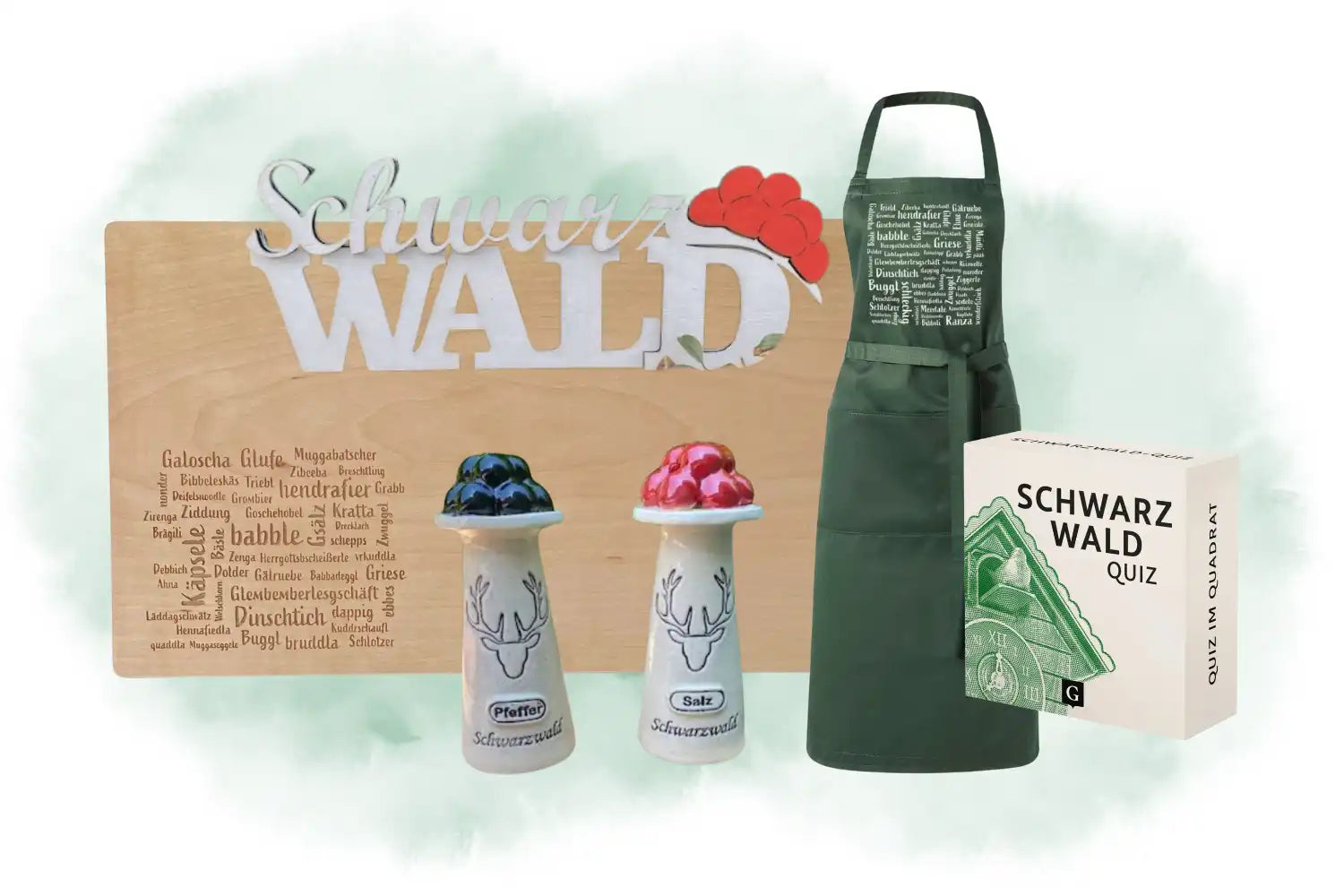 Geschenkset mit Schneidebrett, Schürze, Salzstreuer und Schwarzwald-Quiz-Box.
