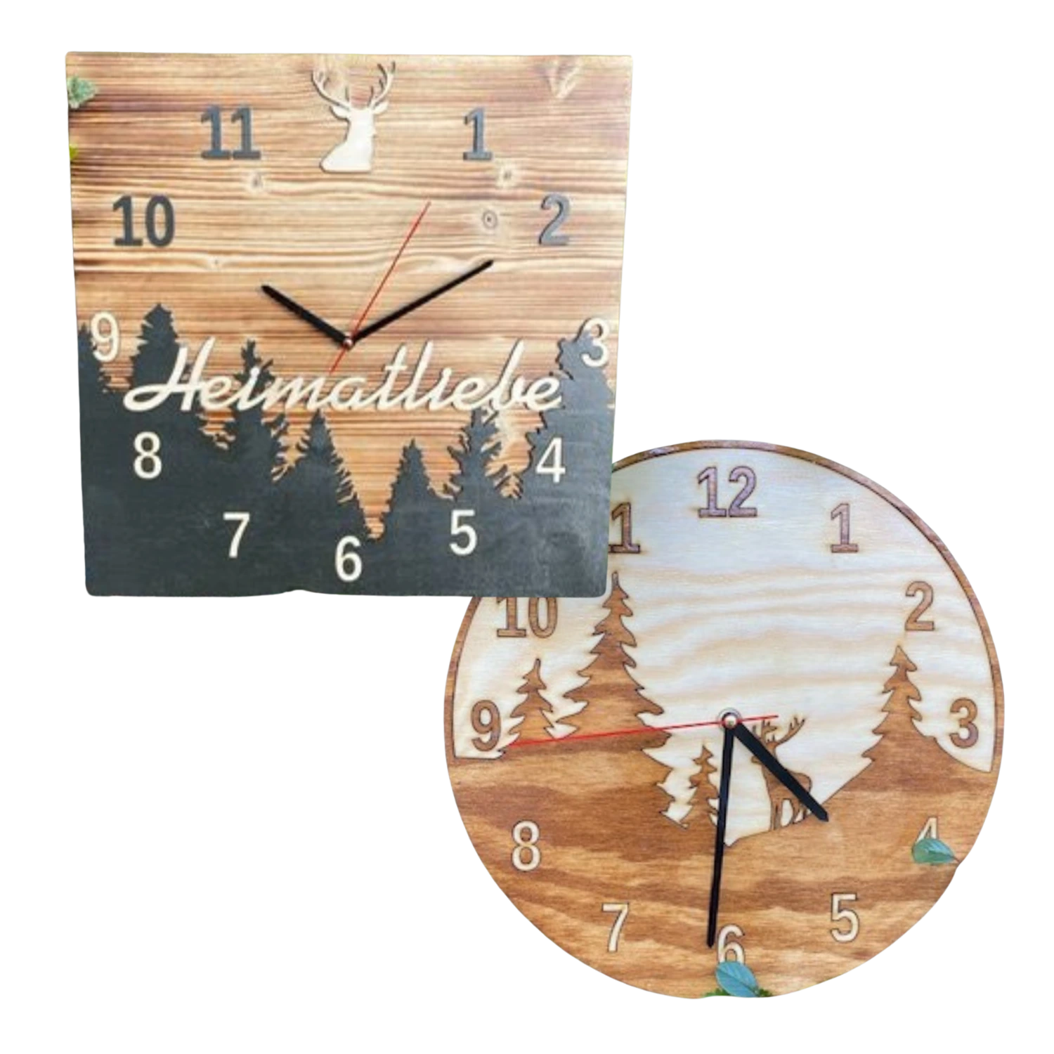 Zwei Schwarzwalduhren mit Baumsilhouetten und leisen Quarzwerken.