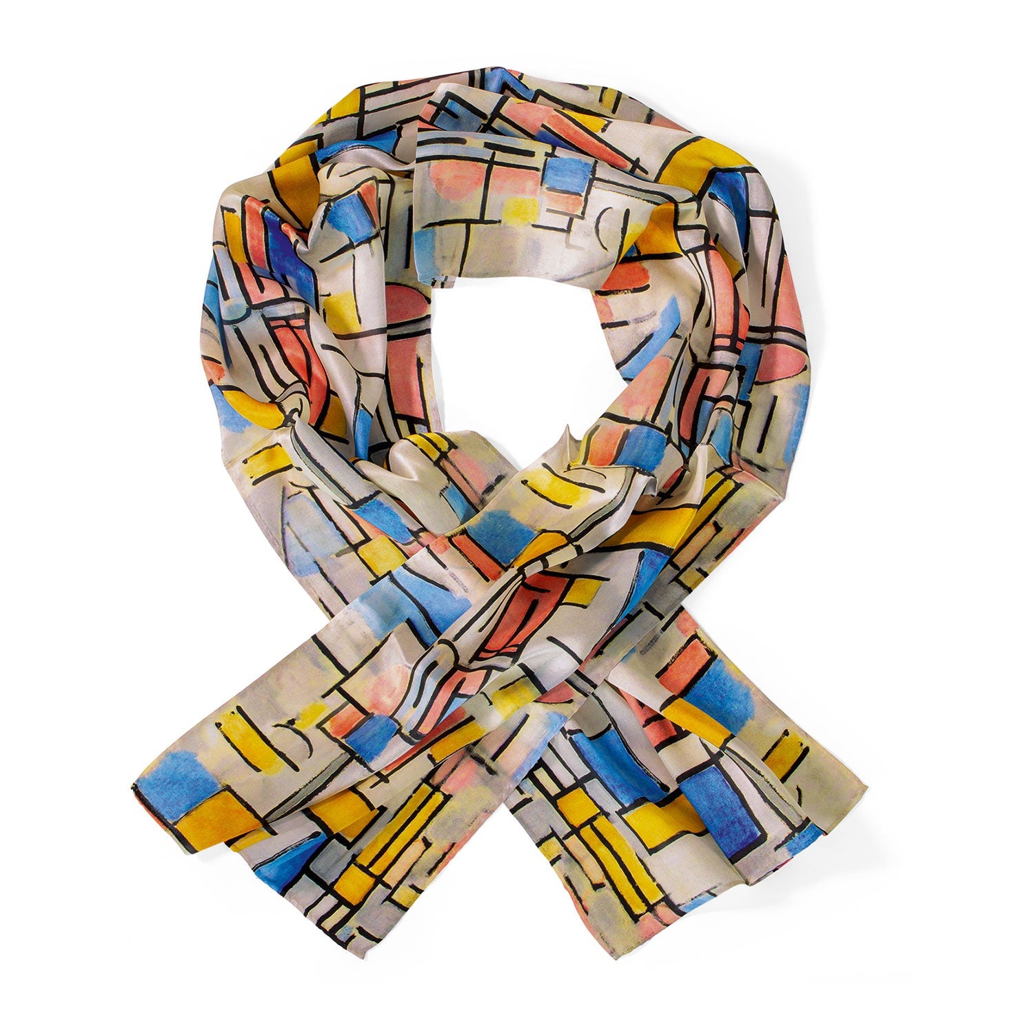 Der Seidenschal „Composition in Oval with Color Planes 1“ ist ein farbenfroher Satin-Seidenschal mit einem abstrakten geometrischen Muster, inspiriert von Piet Mondrian, mit blauen, gelben, rosa und weißen Rechtecken. Die feine Schlaufe unterstreicht das lebendige Design.