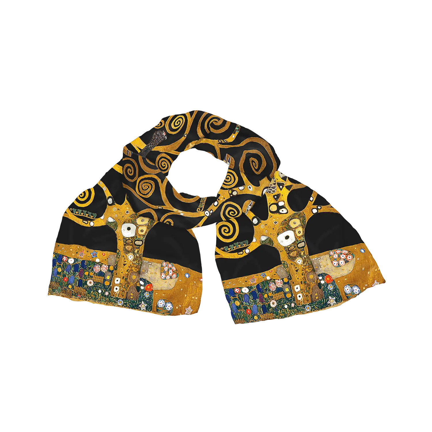 Seidenschal "Lebensbaum" dunkel mit goldenen und schwarzen Strudeln, Klimt-inspiriert.