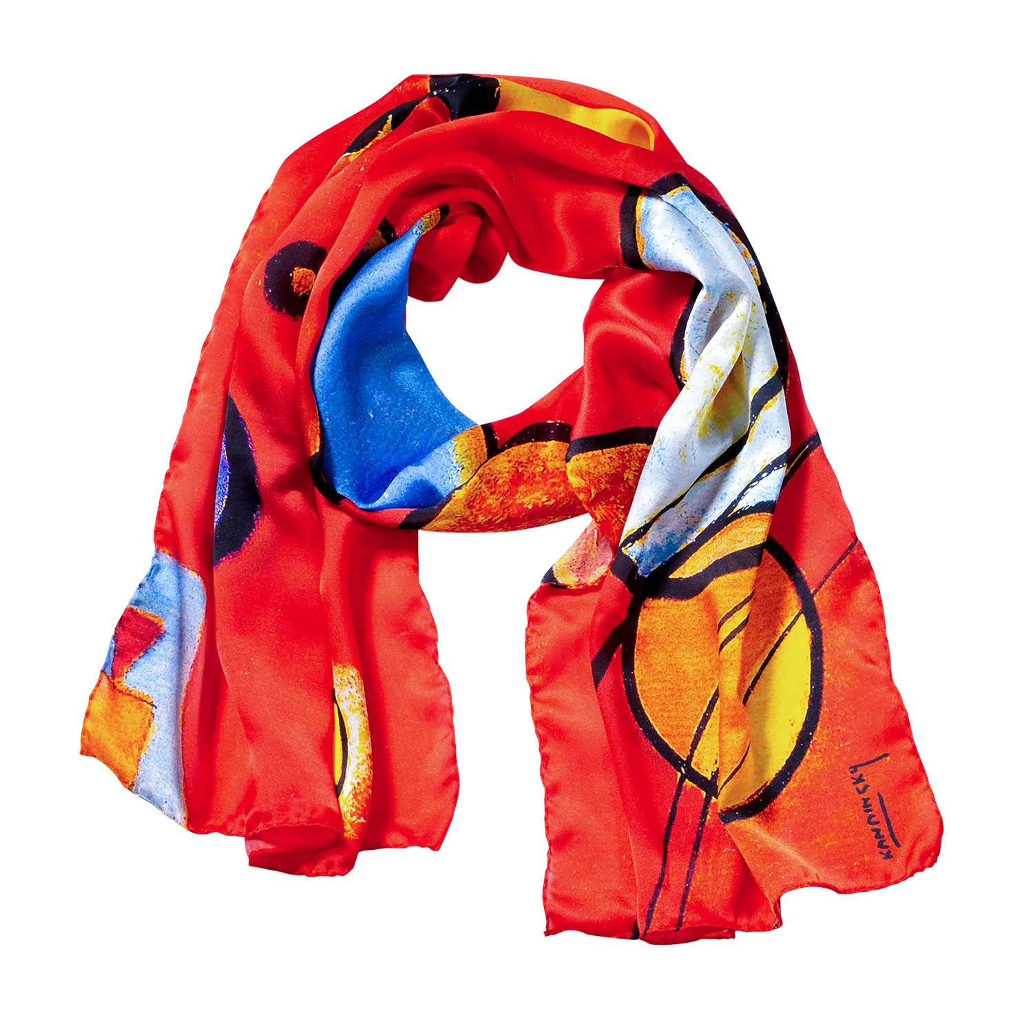 Seidenschal "Schweres Rot" aus 100 Seide mit abstraktem Kandinsky-Muster.