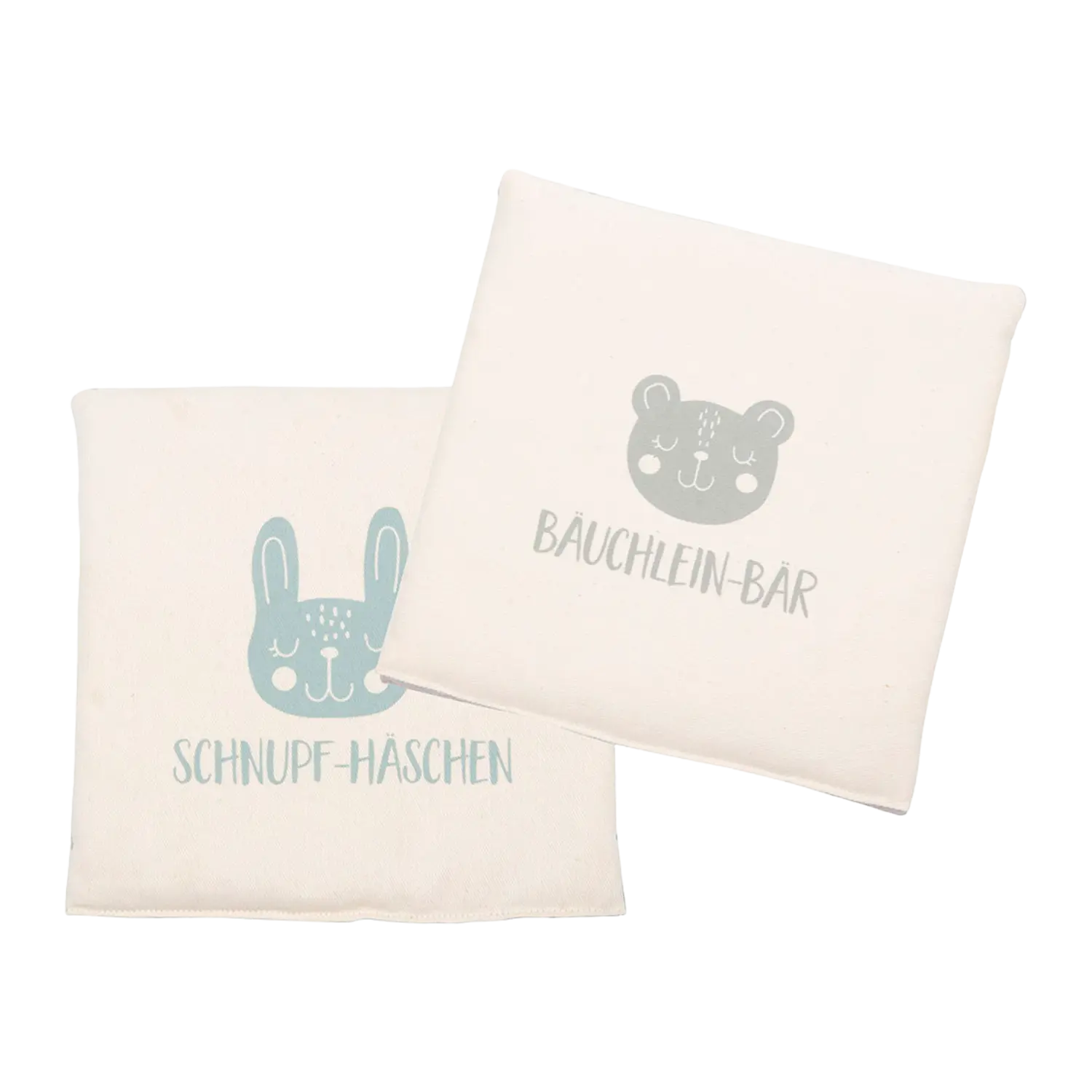 Set Kinder Duftkissen: Schnupf-Häschen Bäuchlein-Bär, cremefarben mit Motiv.