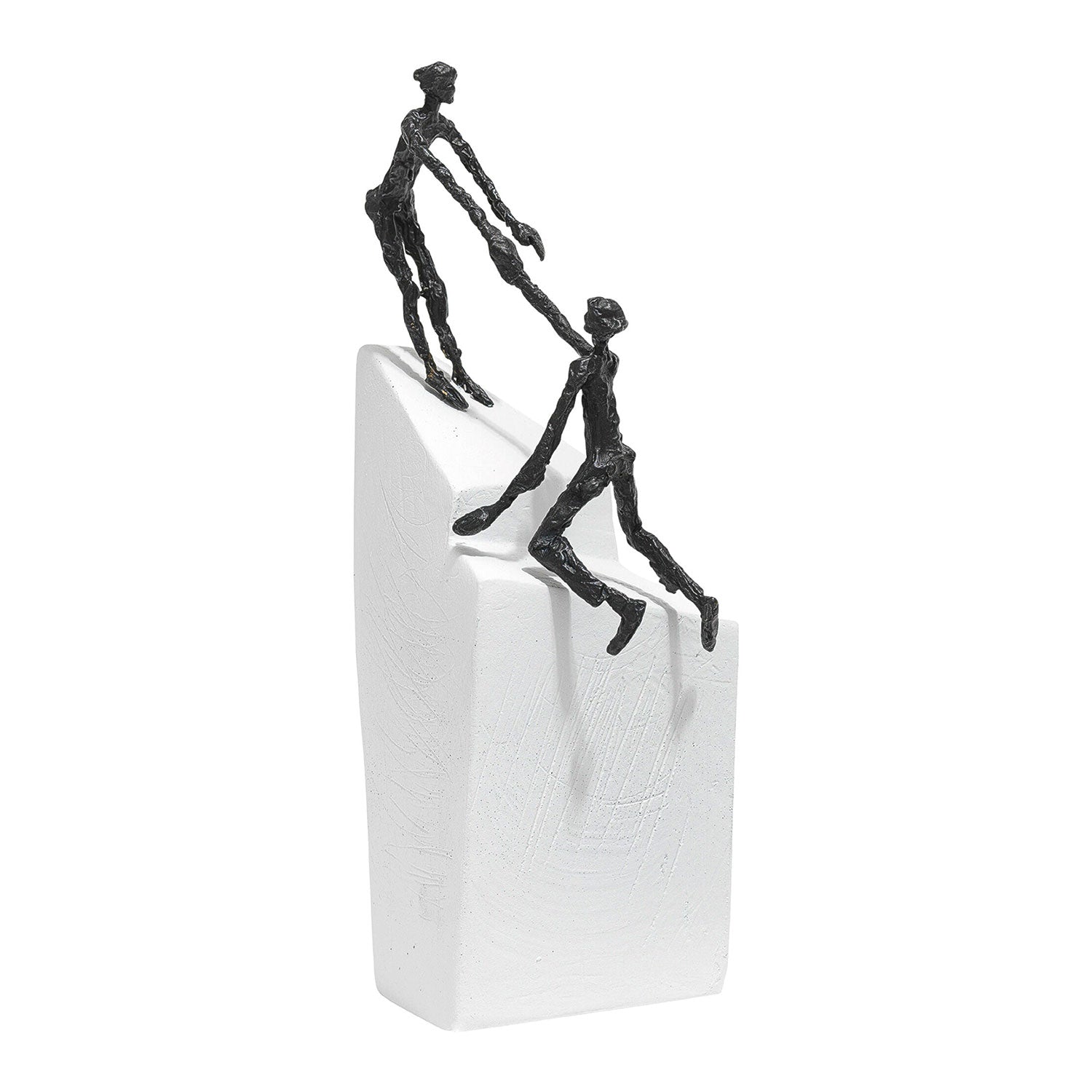 Die Skulptur „Zu zweit geht's III“ zeigt zwei abstrakte Bronzefiguren auf einem gezackten weißen Sockel, von denen eine der anderen eine helfende Hand reicht. Sie symbolisiert gegenseitige Unterstützung und verkörpert Geschäft und Motivation in einem modernen, minimalistischen Stil.