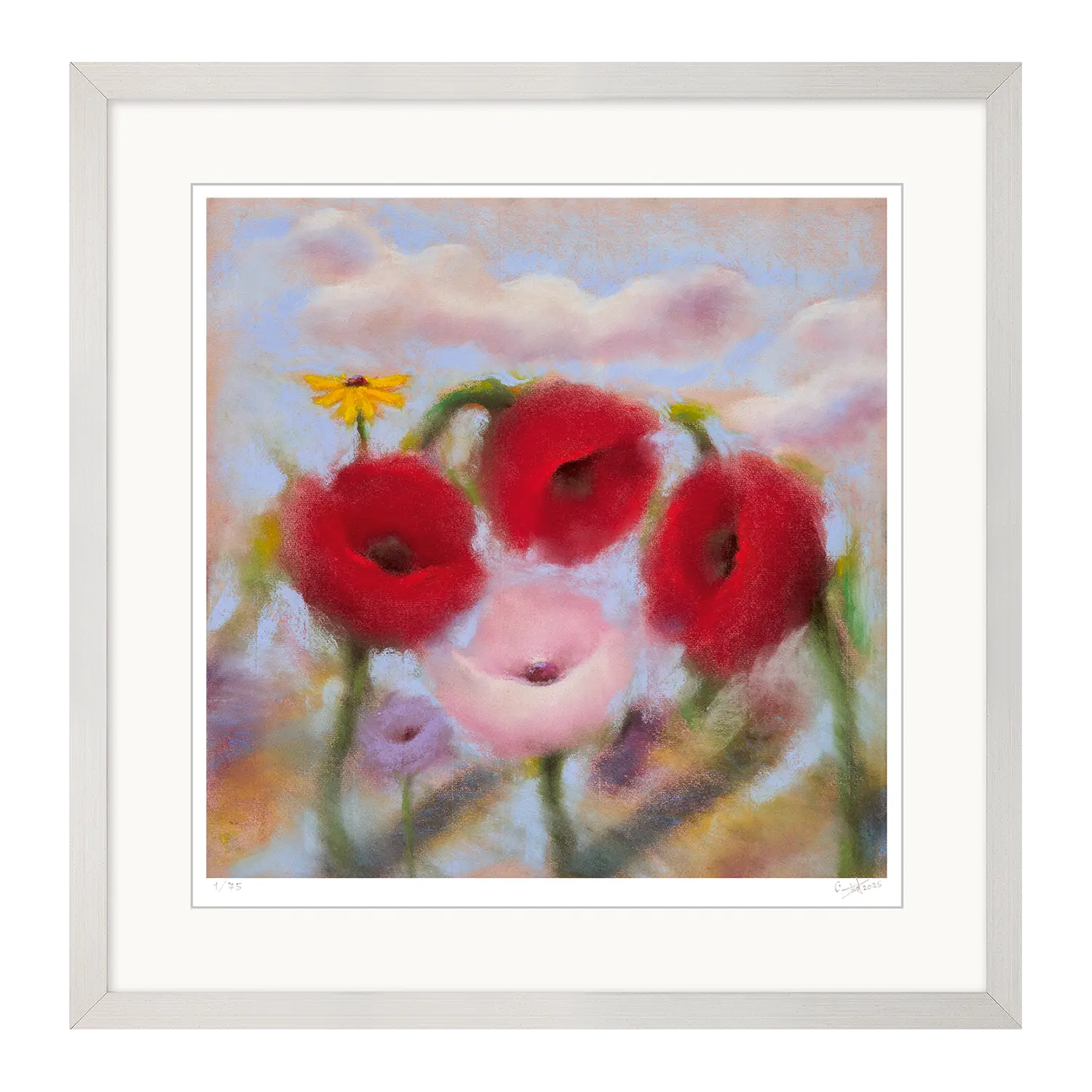 Das Kunstwerk „Sommerblumen im Wind“ zeigt eine lebendige und farbenfrohe Darstellung von sommerlichen Blumen, die sanft im Wind zu tanzen scheinen. Die Blumen sind in warmen, leuchtenden Tönen gehalten, die durch die handüberarbeitete Pastellkreide individuelle Akzente erhalten. Der Hintergrund ist dezent gehalten, um die Blumen in den Mittelpunkt zu stellen, und vermittelt ein Gefühl von Leichtigkeit und Bewegung. Das Bild ist in einem eleganten, silberfarbenen Massivholzrahmen mit Passepartout eingefasst