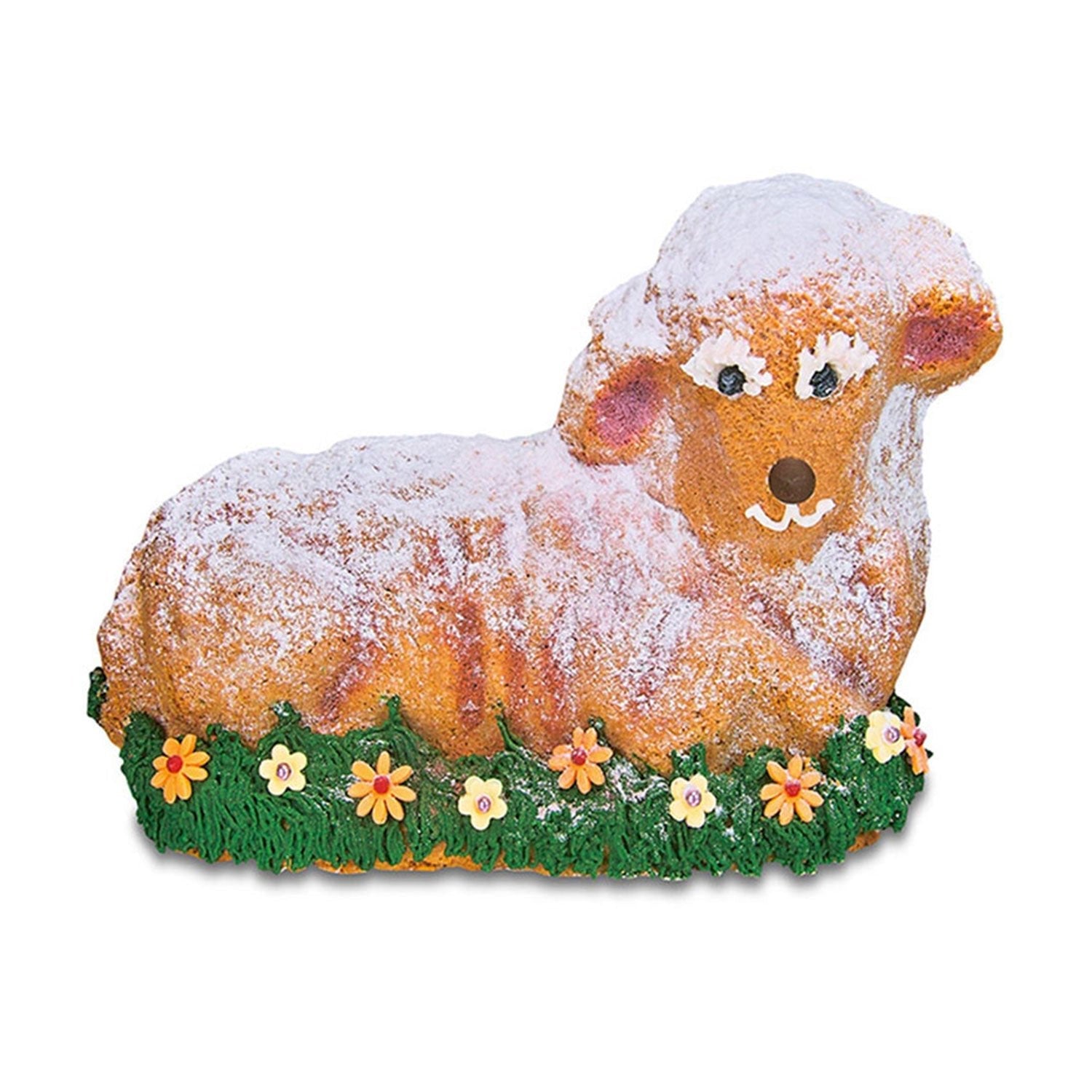 Lammförmiger Kuchen, mit Zucker bestäubt, in einer Osterlamm-Backform antihaftbeschichtet.