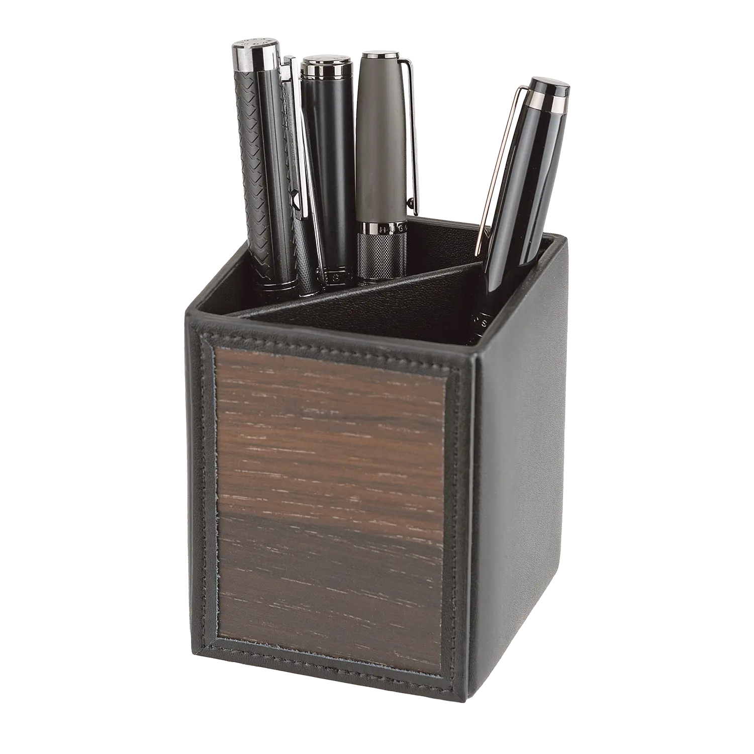 Schreibtisch-Set aus Räuchereiche und Rindleder mit Stiftehalter und 4 Stiften.