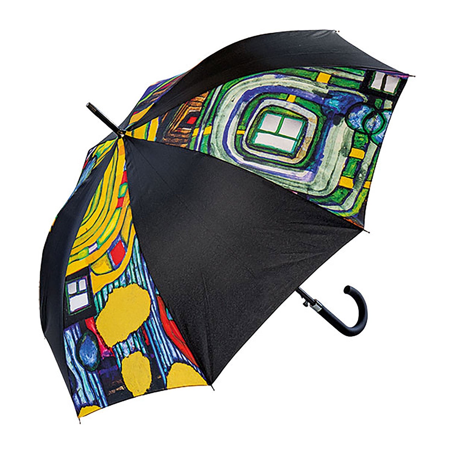 Der Stockschirm „Regentropfenfänger“ ist ein farbenfroher Regenschirm mit abstrakten, von Hundertwasser inspirierten geometrischen Mustern in Gelb, Grün, Blau und Rot mit quadratischen und kreisförmigen Formen. Ergänzt durch einen schwarzen Griff und ein Fiberglasgestell hebt er sich vom schwarzen Hintergrund ab.