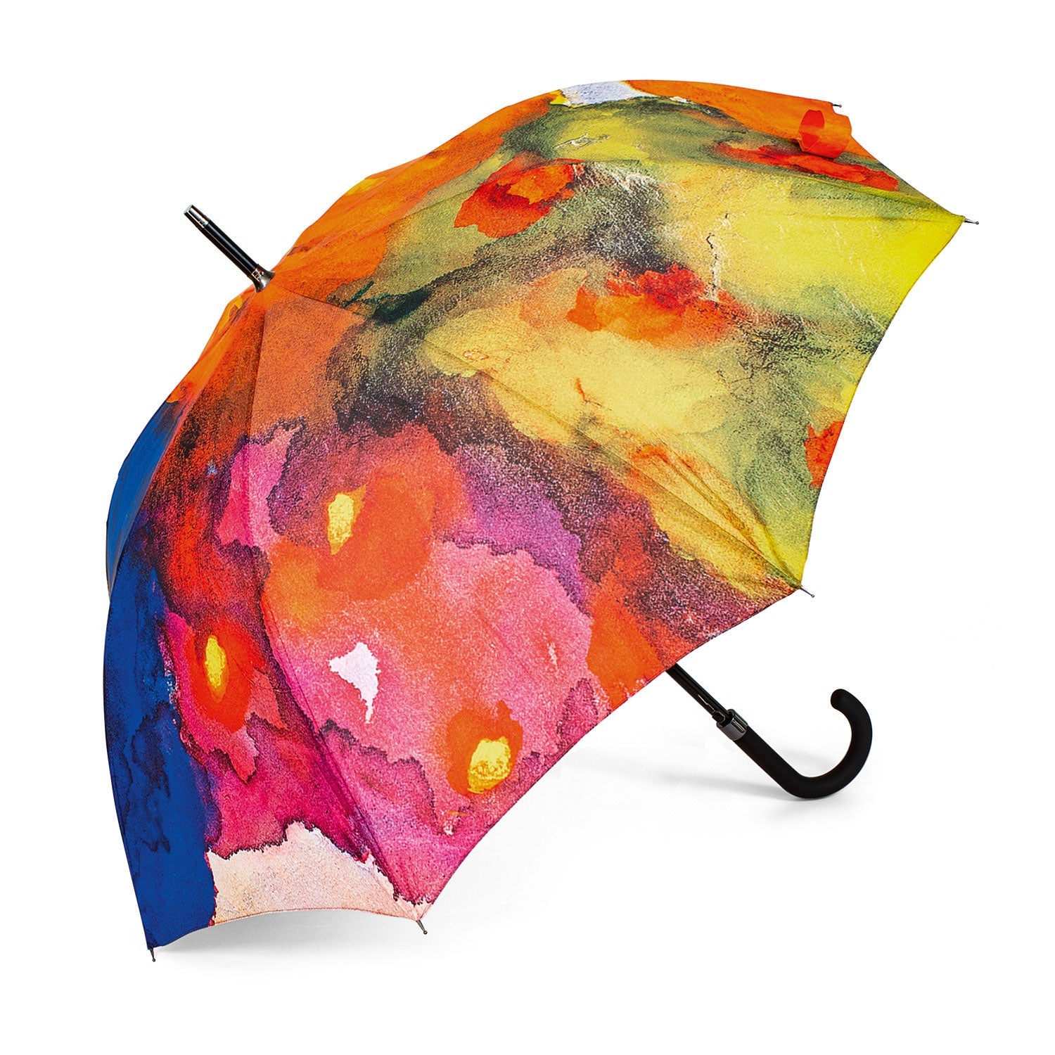 Der Stockschirm „Sommerblumen“ ist ein farbenfroher Automatik-Schirm mit schwarzem Griff und einem künstlerischen abstrakten Design in Orange-, Gelb-, Rot-, Grün-, Blau- und Rosatönen, das an ein Aquarell von Emil Nolde erinnert.