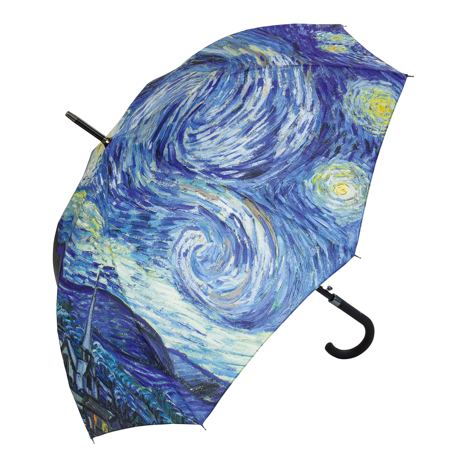 Stockschirm "Sternennacht, 1889" mit Van-Gogh-Motiv auf dem Vordach.