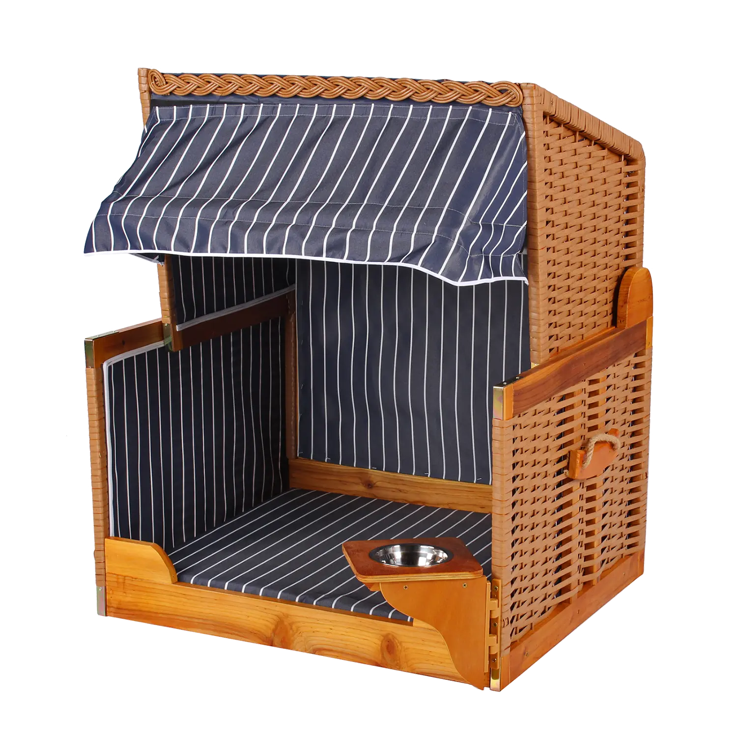 Wir präsentieren den Strandkorb für Hunde, blau: ein Haustierbett aus PE-Geflecht mit einem gepolsterten Bereich in blau-weißen Streifen, einem passenden, angebrachten Vordach und einem schwenkbaren Hundenapf für stilvolles und bequemes Essen.