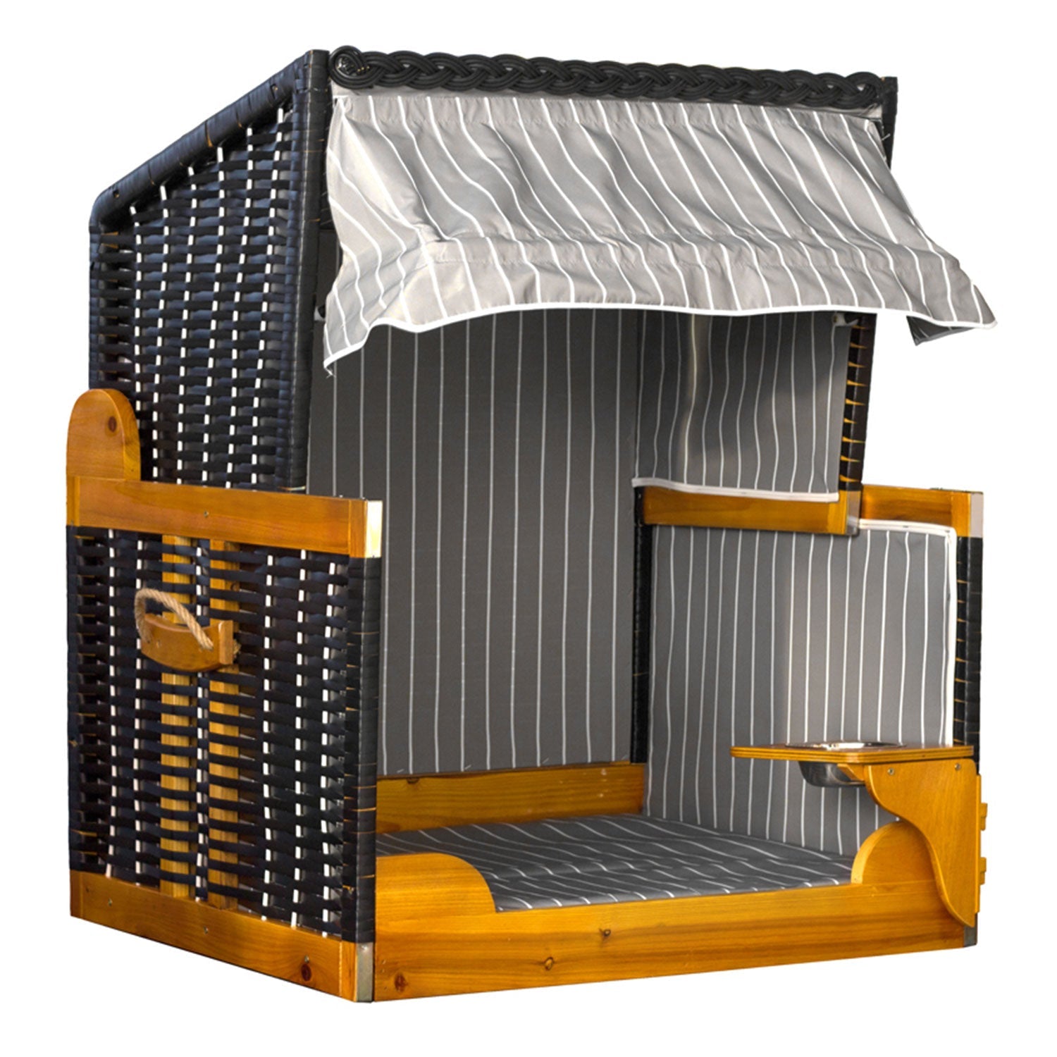 Der Strandkorb für Hunde, anthrazit, aus hochwertigem Wachholderholz und witterungsbeständigem PE-Geflecht für Langlebigkeit, verfügt über eine gestreifte graue Stoffpolsterung und einen passenden Baldachin. Es umfasst klappbare Beistelltische, perfekt zum Entspannen im Freien.