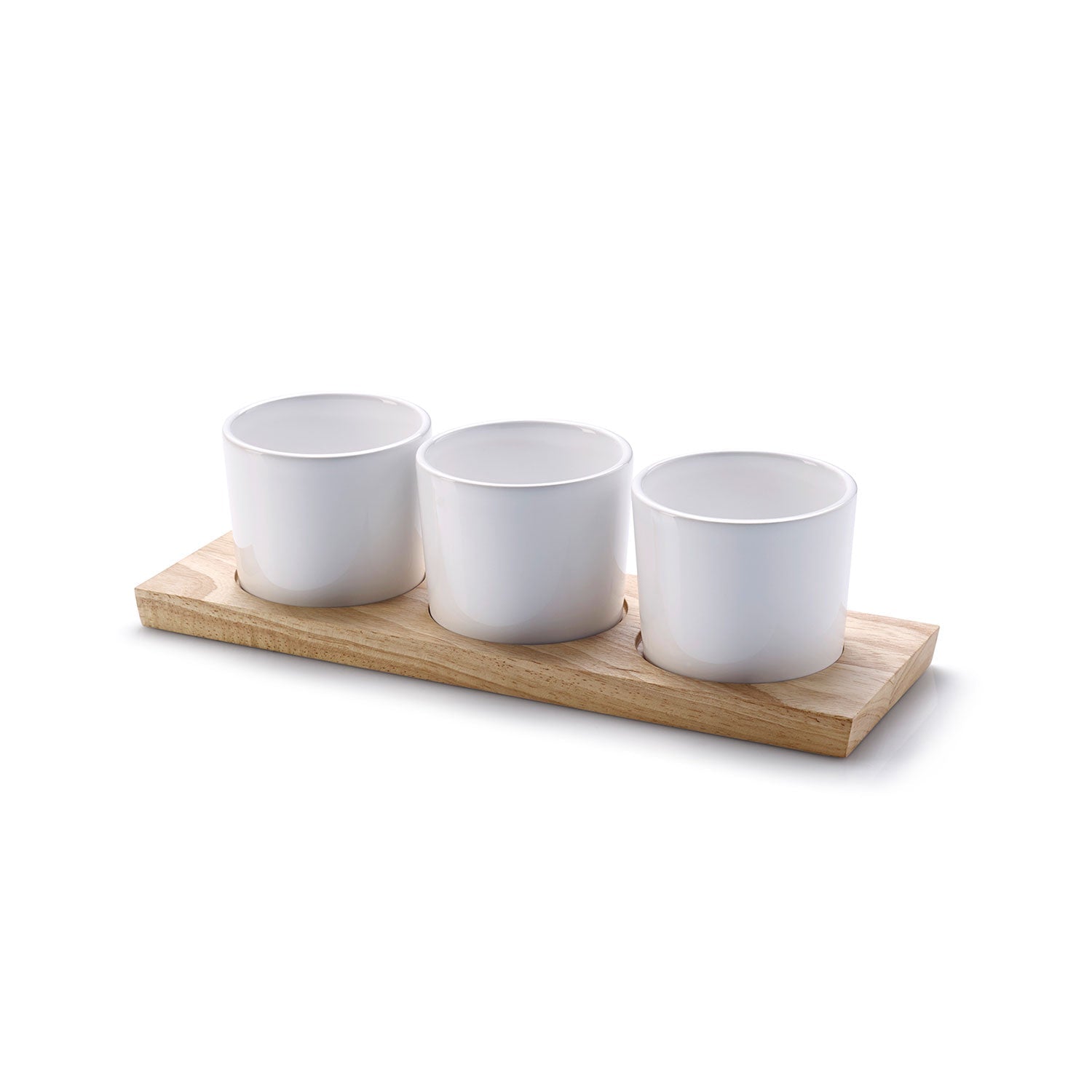 Drei weiße zylindrische Töpfe sind elegant nebeneinander auf einem rechteckigen „Tablett aus Gummibaumholz mit 3 Dipschalen“ vor einem schlichten weißen Hintergrund angeordnet.
