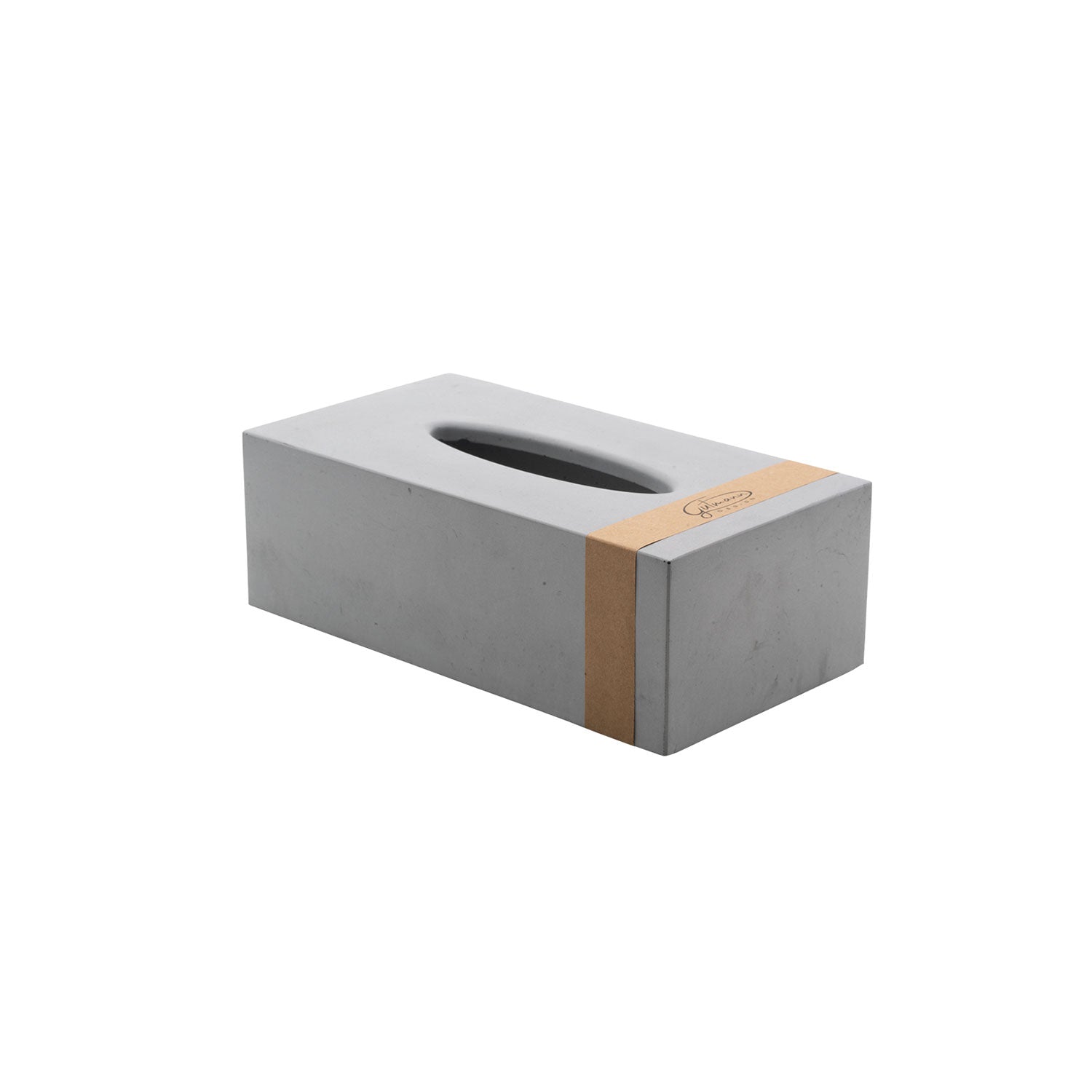 Die Taschentücherbox aus Beton ist eine graue, rechteckige Taschentuchbox in Betonoptik mit einem braunen Kraftpapierband an einem Ende. Die ovale Öffnung ermöglicht eine einfache Taschentuchentnahme, während die glatte Oberfläche und das minimalistische Design eine stilvolle Aufbewahrungslösung mit moderner Ästhetik bieten.