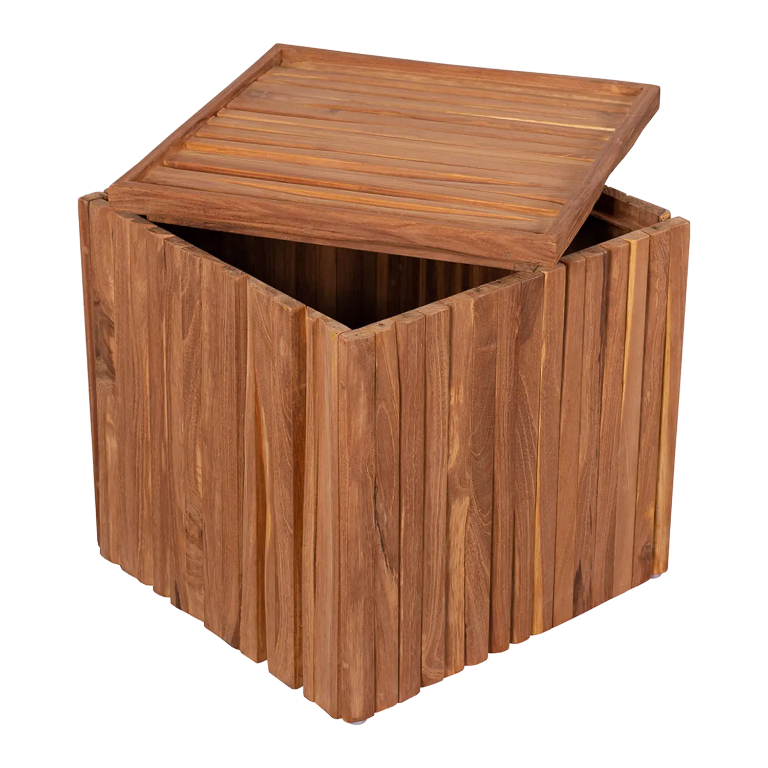 Teak Box Hocker Oxford mit abnehmbarem Deckel in einem Flexbox-Container.