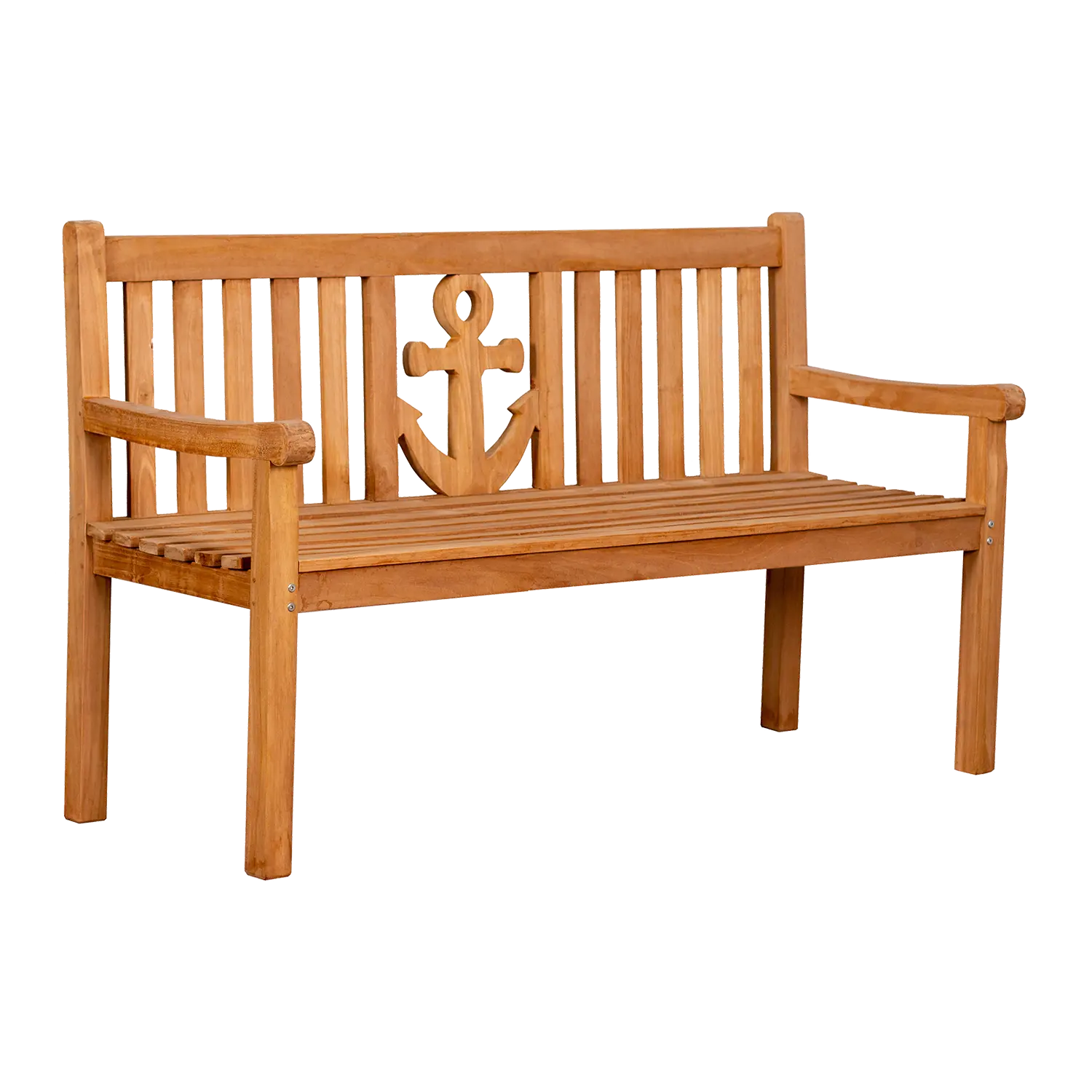 Die Teak-Gartenbank Anker besticht durch eine Lattenrost-Rückenlehne und eine Sitzfläche mit einem mittig eingravierten Ankermotiv. Die Bank aus hochwertigem Massivholz verfügt über Armlehnen und eignet sich ideal für die Außengestaltung vor weißem Hintergrund.