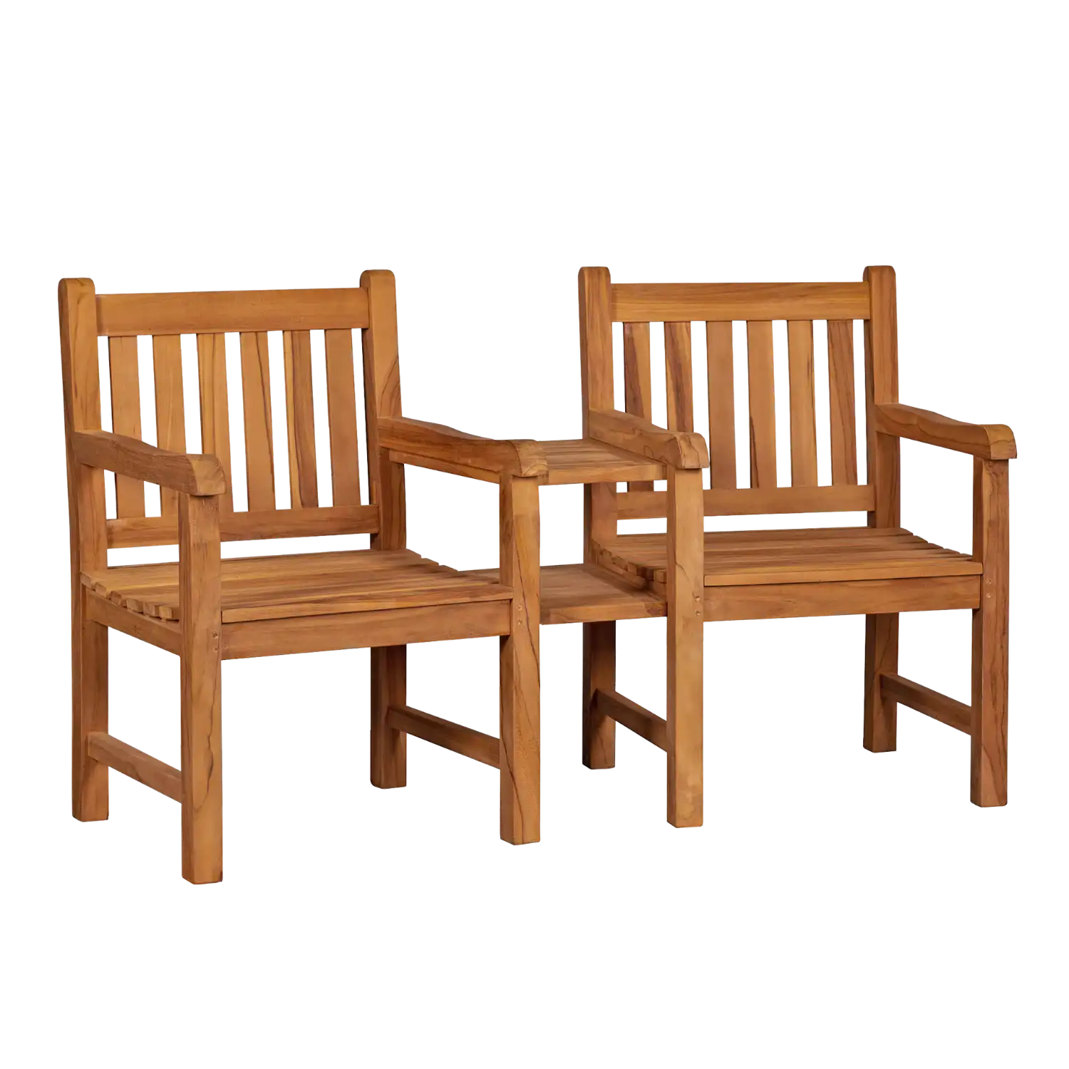 Gartenbank mit integriertem Tisch aus Teak, zwei Sitzen und Mitteltisch.