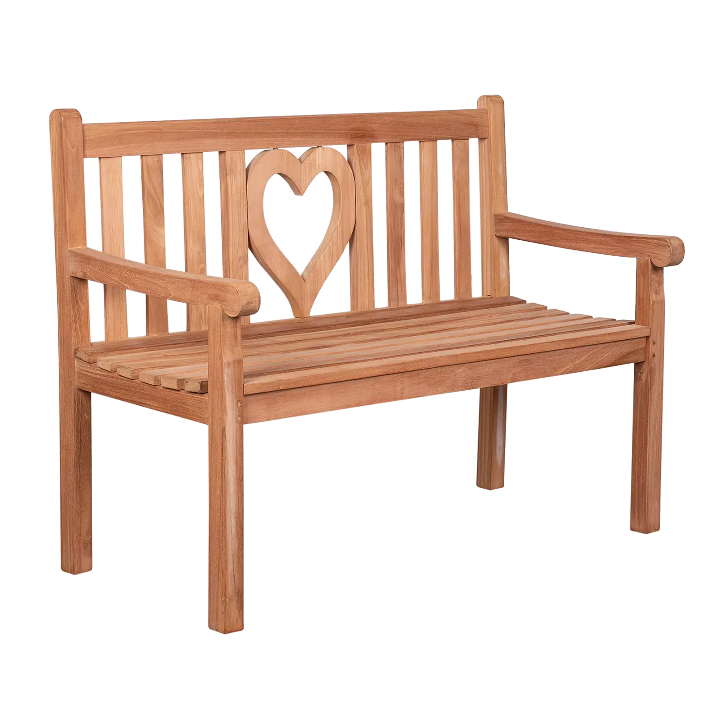 Die Teak-Gartenbank Herz besticht durch eine Sitzfläche und Rückenlehne aus Lattenrost mit einem offenen Herz-Design in der Mitte. Die Gartenbank aus robustem Massivholz verfügt über Armlehnen und setzt die Schönheit ihrer natürlichen Holzoberfläche elegant in Szene.