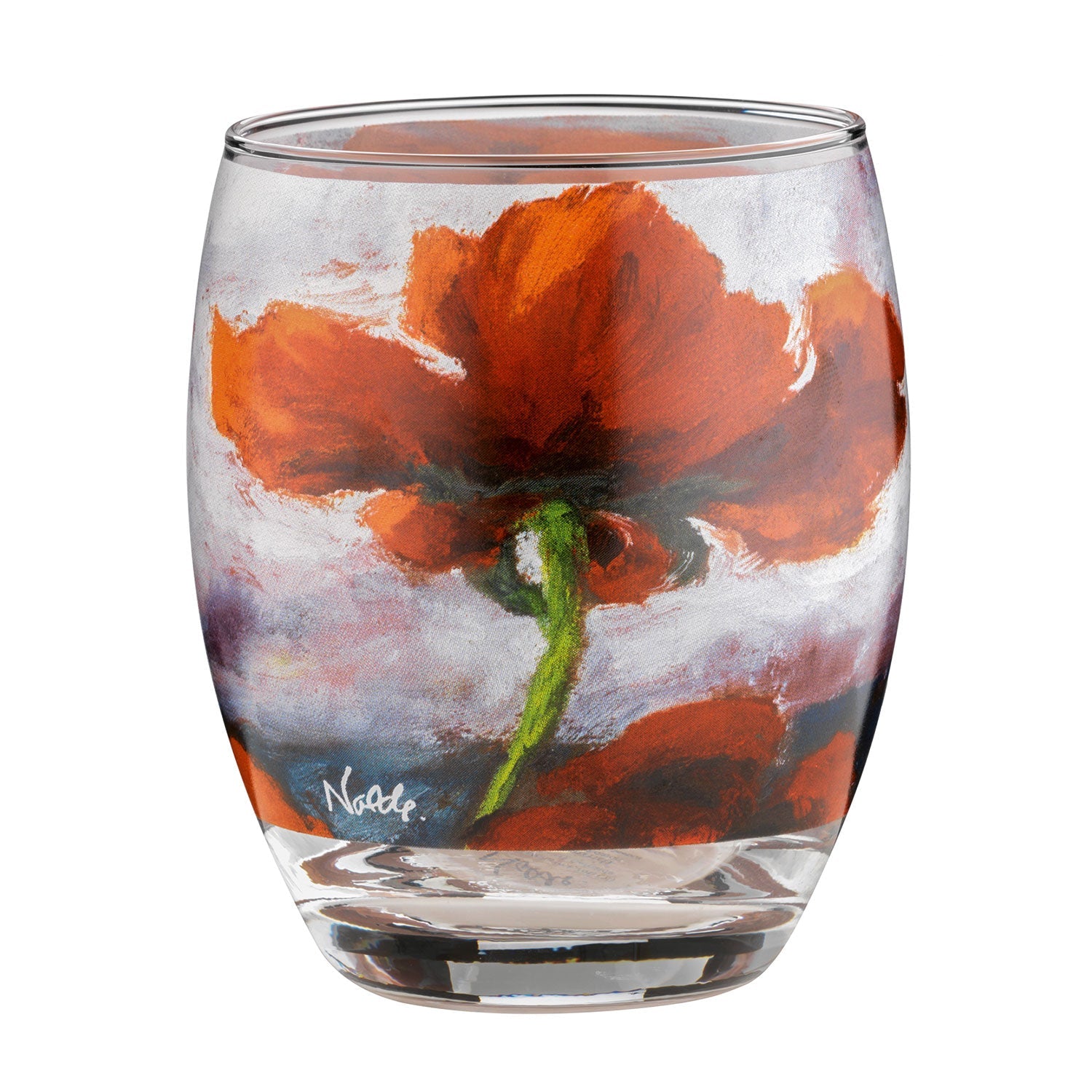 Die Drei Teelichtergläser „Blumen“ bestehen aus einem klaren Glas mit einem roten Mohnblumen-Design, grünen Stieldetails und einem weiß-grauen Hintergrund und fangen den lebendigen Stil Emil Noldes ein – ideal für Kunstliebhaber zum Ausstellen oder zur Verwendung mit Teelichtern für eine warme Atmosphäre.