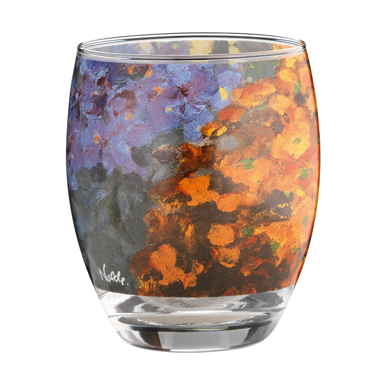 Das Set „Drei Teelichtergläser Blumen“ besteht aus einem klaren Glasbecher mit einem abstrakten Gemälde im Stil Emil Noldes. Leuchtende Orange-, Rot- und Blautöne zieren die obere Hälfte und sorgen für ein farbenfrohes und künstlerisches Design. Kunstliebhaber werden dieses elegante Stück zu schätzen wissen.