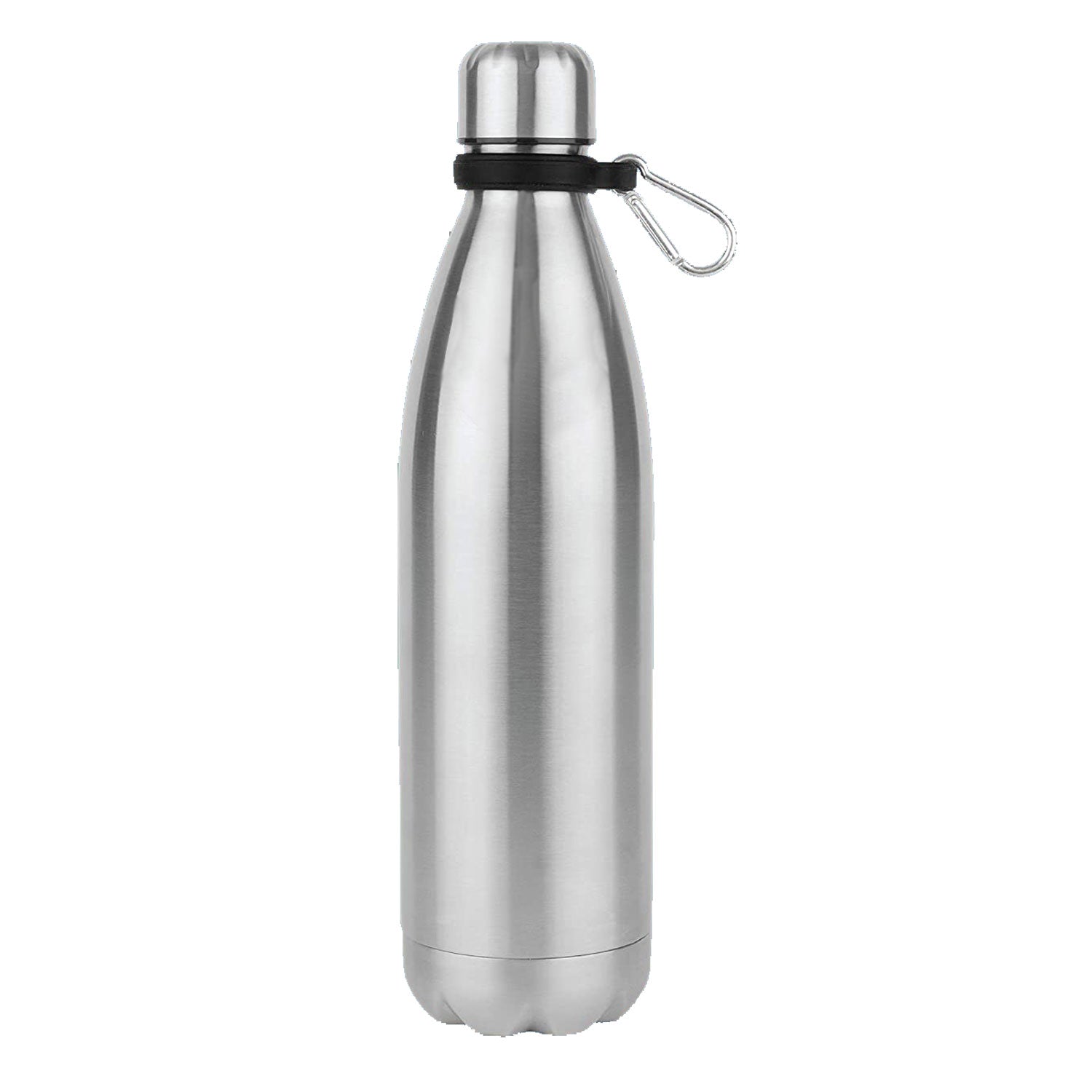 Die Trinkflasche mit Safe ist eine silberne Edelstahl-Isolierflasche mit schwarzem Ring und Metallclip am Verschluss, ideal für heiße oder kalte Getränke, präsentiert auf einem schlichten weißen Hintergrund.