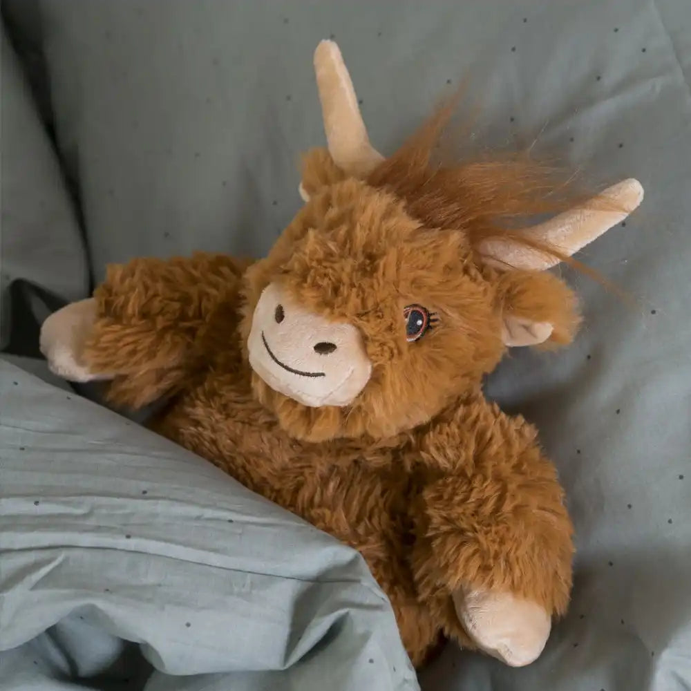 Eine plüschige Hochlandkuh, die unter einer blauen Decke auf einem Bett liegt.