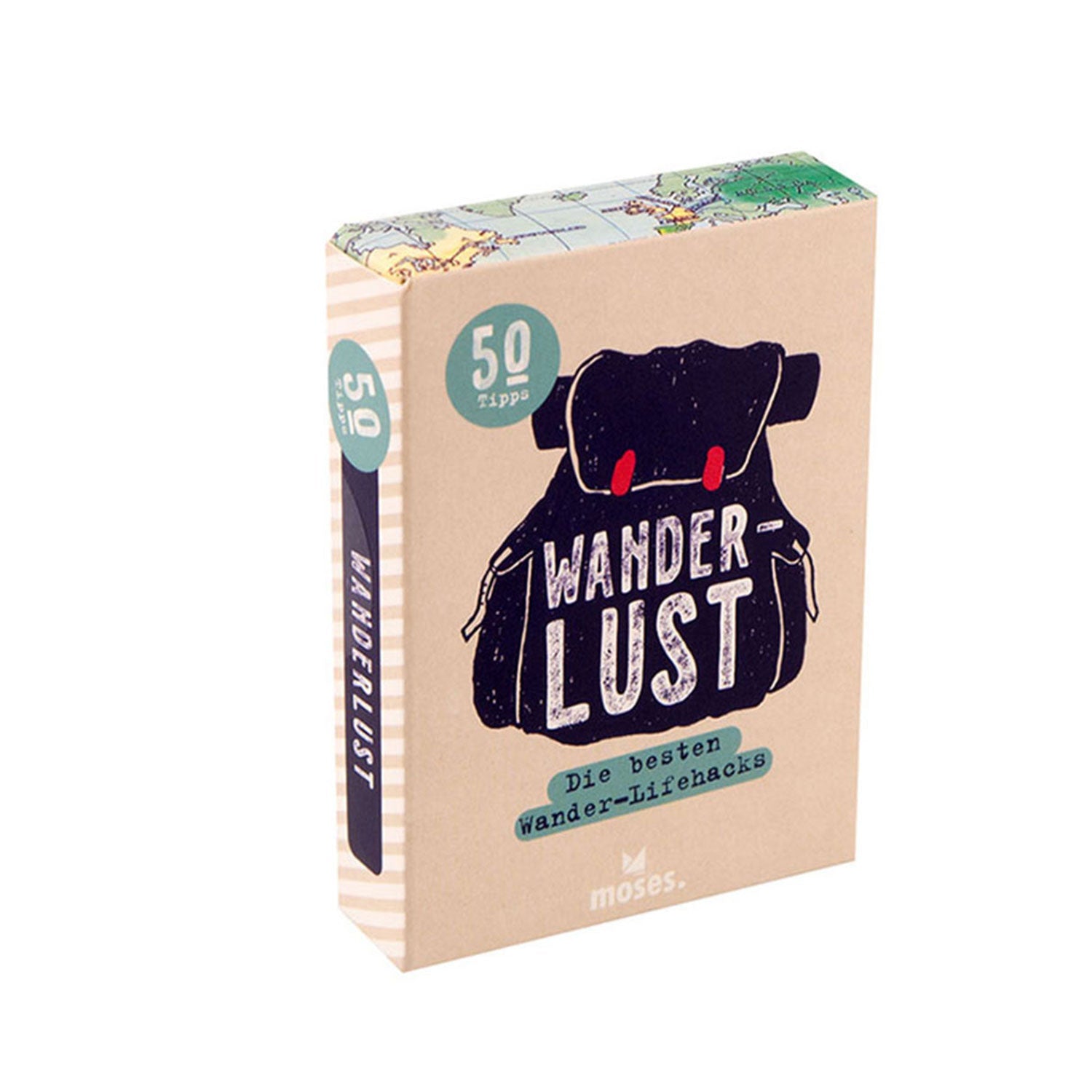 Das Kartenset Wanderlust zeigt eine Rucksackillustration mit den Worten „Wanderlust“ und „Die besten Wander-Lifehacks“, 50 Tipps und das moses.-Markenlogo. Jetzt inklusive Fernweh-Kartensets – perfekt für kleine Abenteuer auf der nächsten Reise.