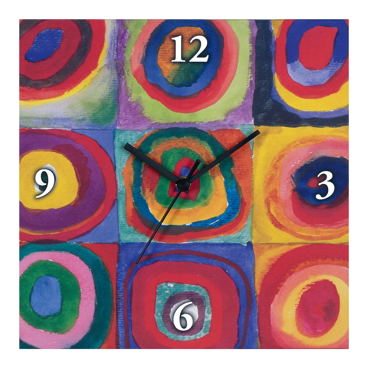 Eine bunte Wanduhr "Farbstudie Quadrate" mit konzentrischen Kreisen Design.