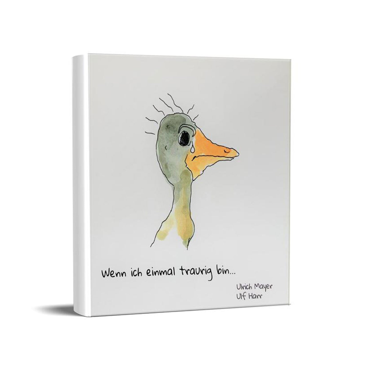 Das Cover von „Wenn ich einmal traurig bin“ von Ulrich Mayer und Ulf Harr zeigt eine verlorene anthropomorphe Ente, die das Thema Traurigkeit verkörpert, mit dem Titel in deutscher Sprache unter dem Bild.