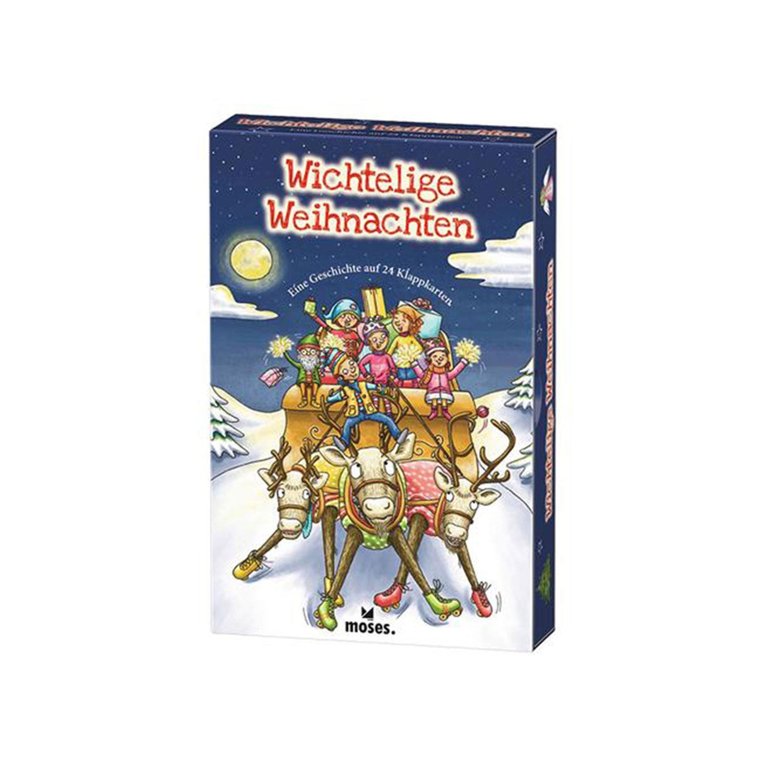 Eine farbenfrohe Wichtelige-Weihnachten-Box zeigt drei Rentiere, die einen Schlitten mit vier lächelnden Elfen ziehen, vor einer verschneiten Kulisse mit Bäumen und einer Mondsichel. Der deutsche Text „Wichtelige Weihnachten“ ist zu sehen, und unten befindet sich das Markenlogo.