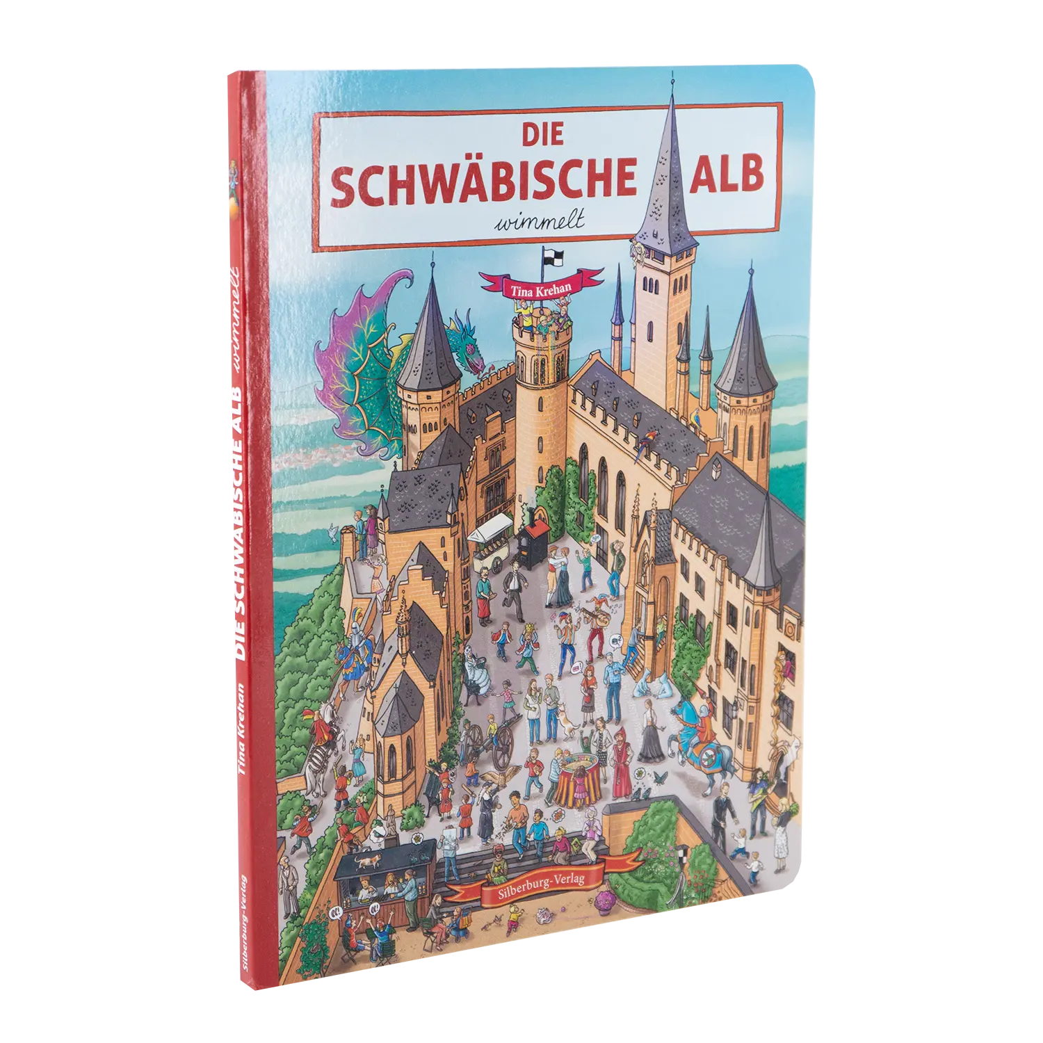 Das Cover von „Die schwäbische Alb wimmelt“ von Tina Krehan zeigt detailreiche Illustrationen eines stattlichen Schlosses mit mehreren Türmen, geschäftigen Menschen bei ihren Aktivitäten und einem bunten Drachen im Hintergrund, die endlosen Wimmelspaß versprechen.