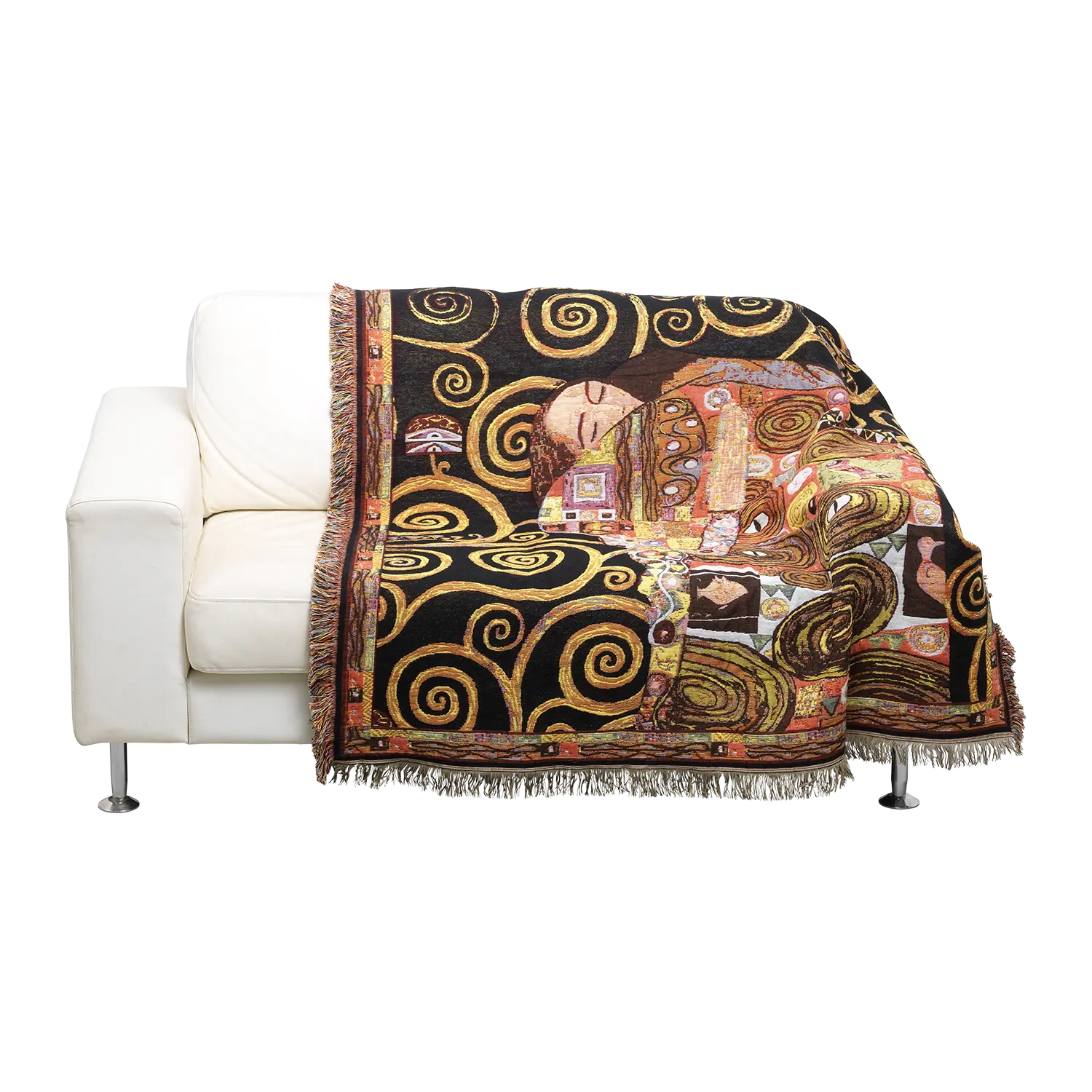 Ein weißes Sofa mit einer Baumwoll Wohnplaid Die Erfüllung Überwurfdecke darüber drapiert.