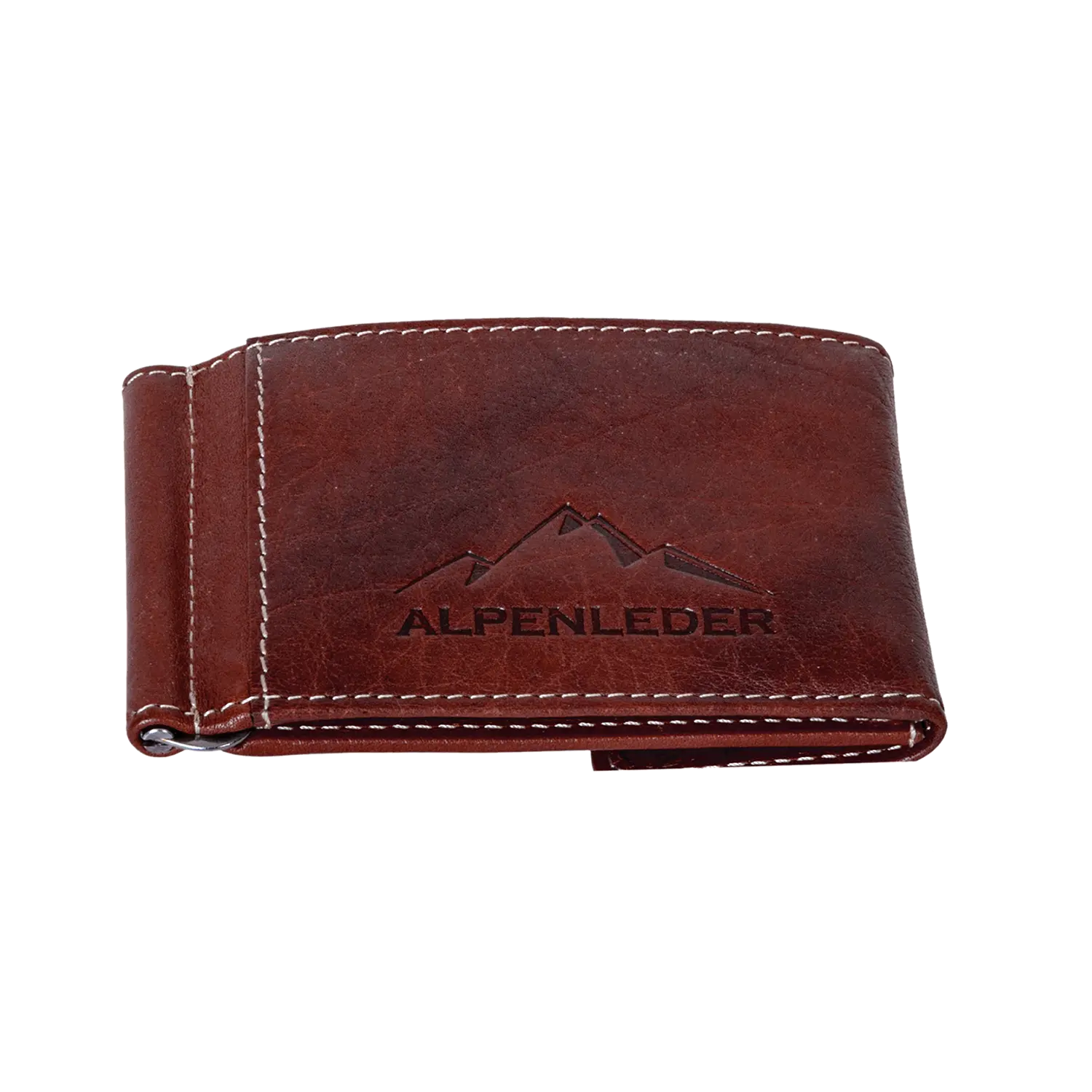 Der Geldbeutel ZASTER ist ein braunes Lederportemonnaie mit weißen Nähten und geprägtem Berglogo sowie „ALPENLEDER“ auf der Vorderseite. Er hat eine glatte Oberfläche und bleibt geschlossen.