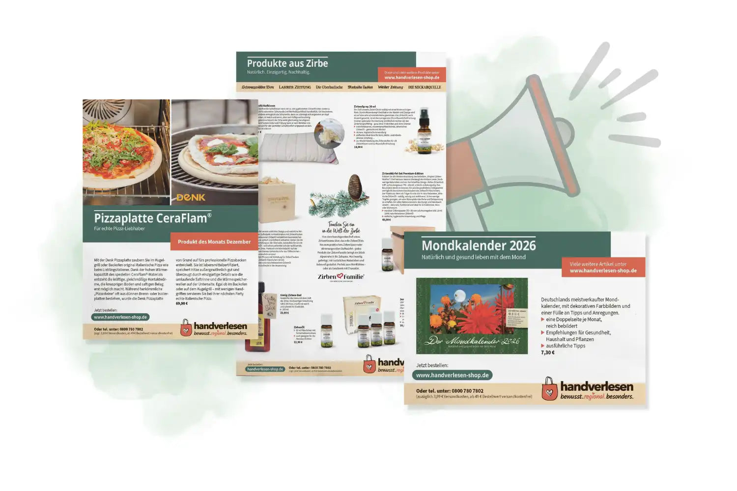 Frau, die am Fenster sitzt und lächelnd eine Zeitung liest, mit dem Logo eines SB-Geschäfts auf der rechten Seite.