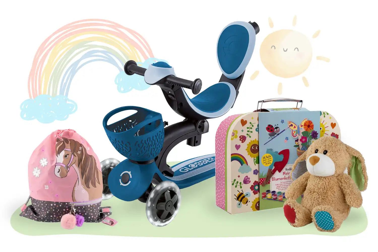 Kinderspielzeug, darunter ein blaues Dreirad, ein Koffer, ein Plüschhase und ein Rucksack, mit Regenbogen- und Sonnenillustrationen.