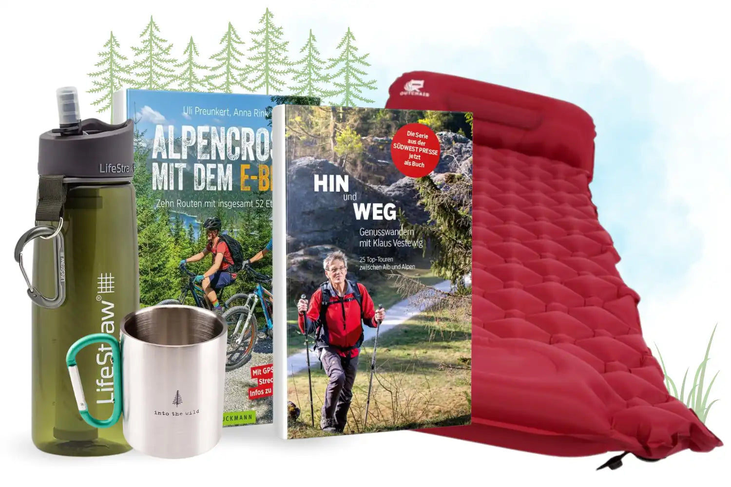 Campingausrüstung und Reiseführer, darunter eine Wasserflasche, eine Tasse, zwei Bücher und eine rote Isomatte.