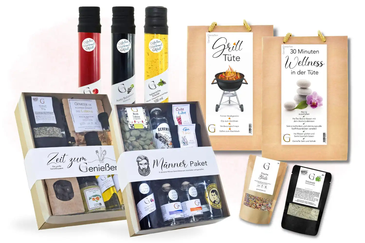Geschenksets mit Gourmet-Lebensmitteln, Grill-Set, Wellness-Pack, Gewürzen, Ölen und Getränken in Flaschen und Papiertüten.