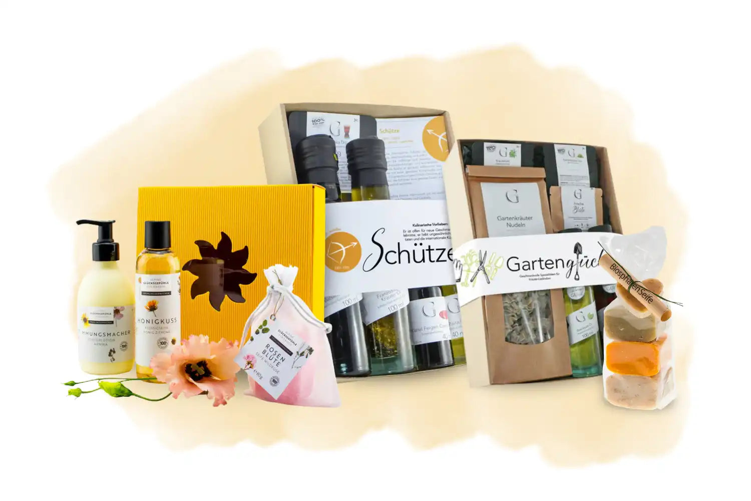 Geschenksets mit Ölen, Lotionen, Seifen und verpackten Lebensmitteln in bunten Schachteln und Tüten.