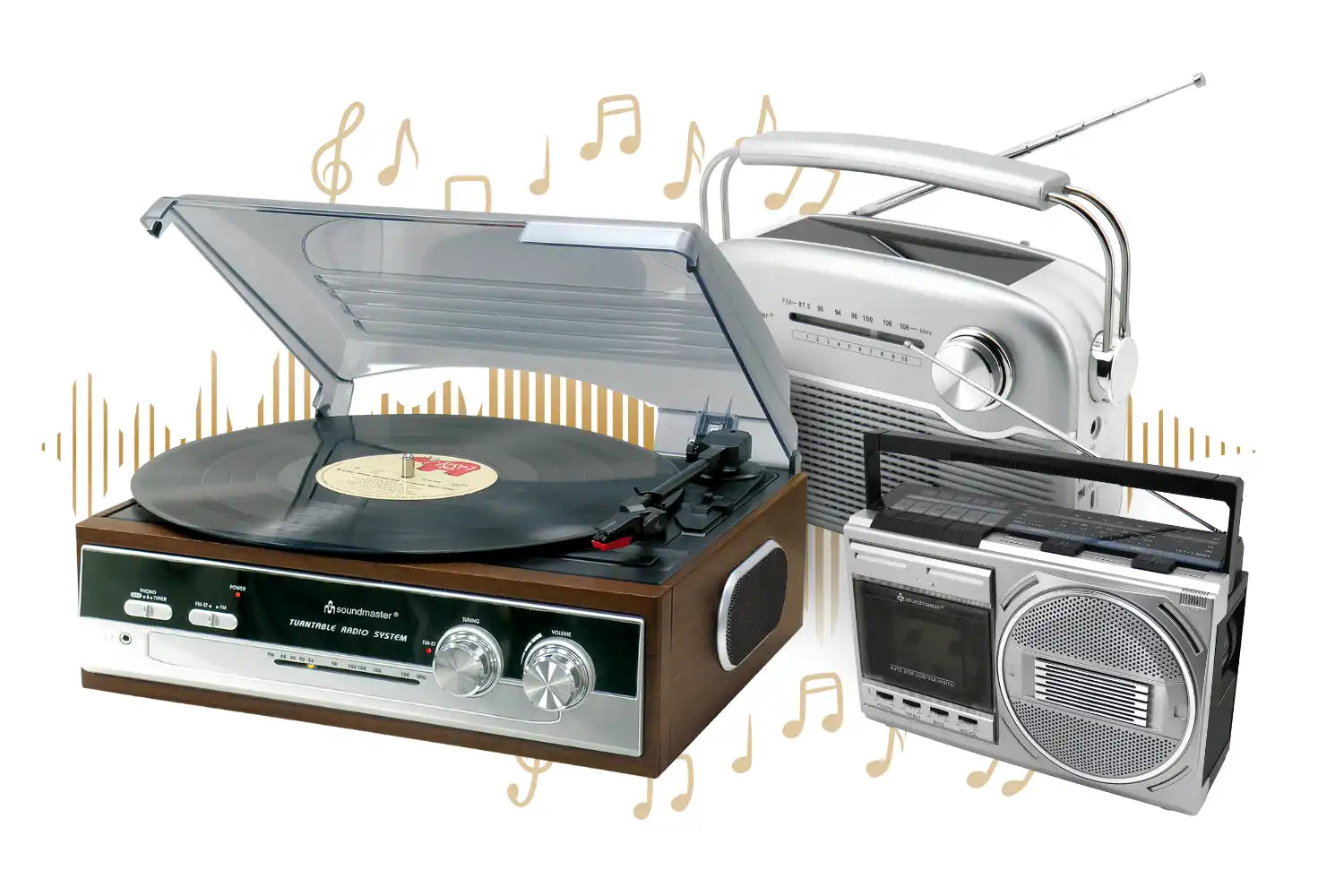 Unterhaltungselektronik wie Plattenspieler, ein altes Radio und ein Kassettenspieler mit Musiknoten im Hintergrund.