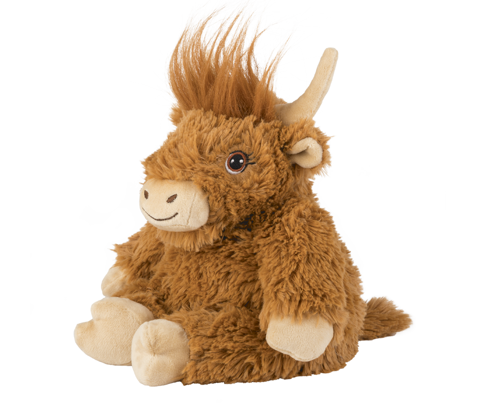 Das WARMIES® Hochlandrind ist ein braunes Plüsch-Hochlandrind mit beigen Hörnern, einem flauschigen Haarschopf, sitzt aufrecht und ist mit wohltuender Hirsekorn-Füllung gefüllt.