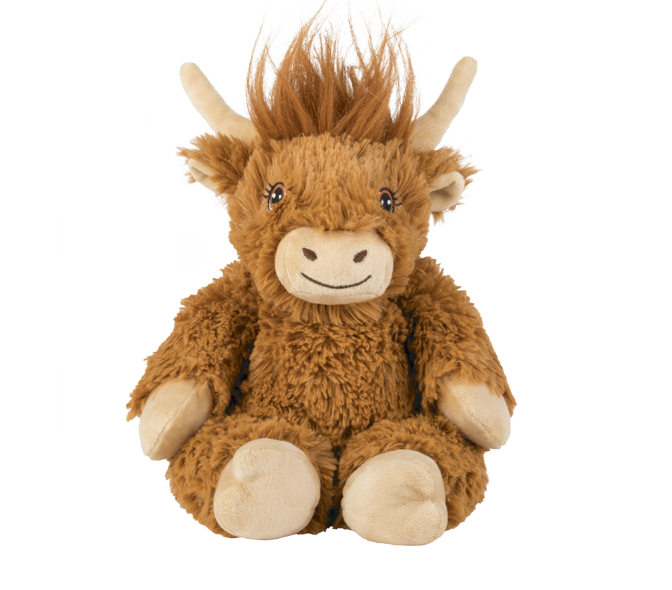 Das WARMIES® Hochlandrind ist ein plüschiges braunes Hochlandrind-Spielzeug mit beigen Hörnern, flauschigem Fell, einem lächelnden Gesicht und einer wohligen Hirsekorn-Füllung im Inneren, das aufrecht sitzt.
