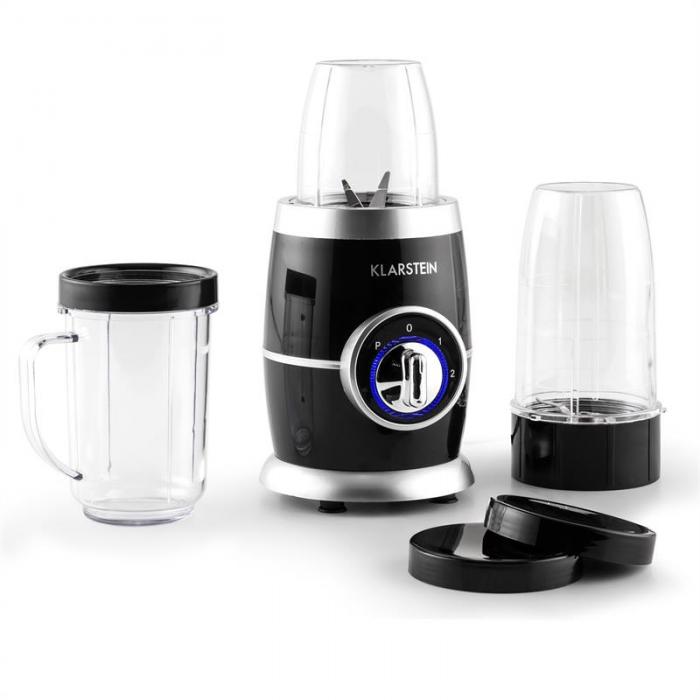 Schwarz-silberner Klarstein Smoothie-Maker mit zwei Mixbechern, einem Henkelbecher und zwei Deckeln – ideal für Smoothies – abgebildet auf weißem Hintergrund.