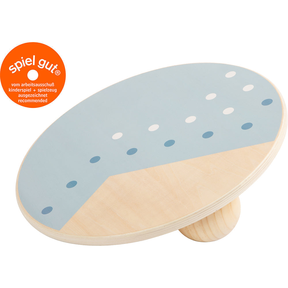 Rundes Balanceboard aus Holz mit blauem geometrischem Design, ideal für Bewegungstraining. Das spiel gut-Siegel ist oben links abgebildet.
