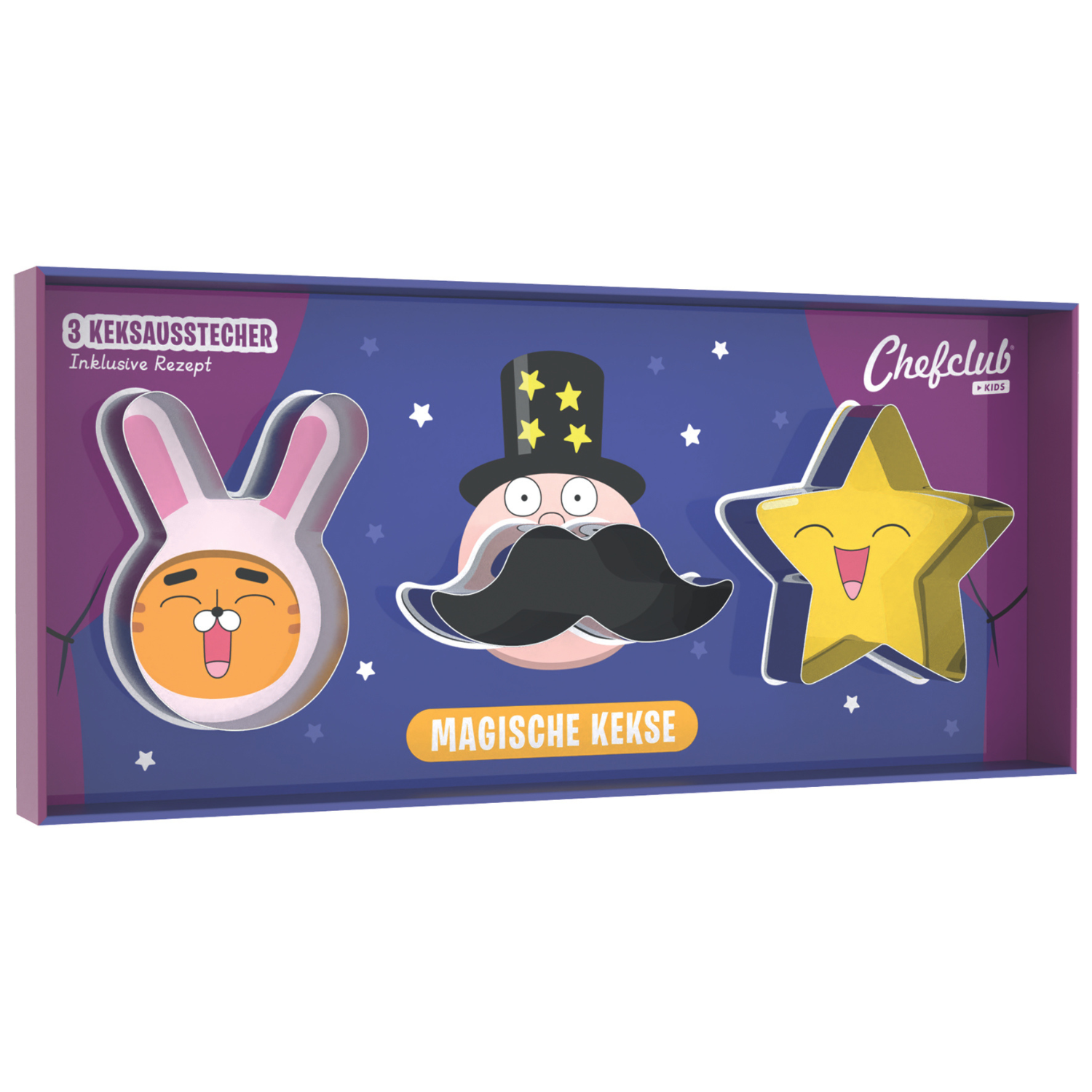 Drei Keksausstecher in Form eines Hasen, eines Schnurrbarts und eines Sterns